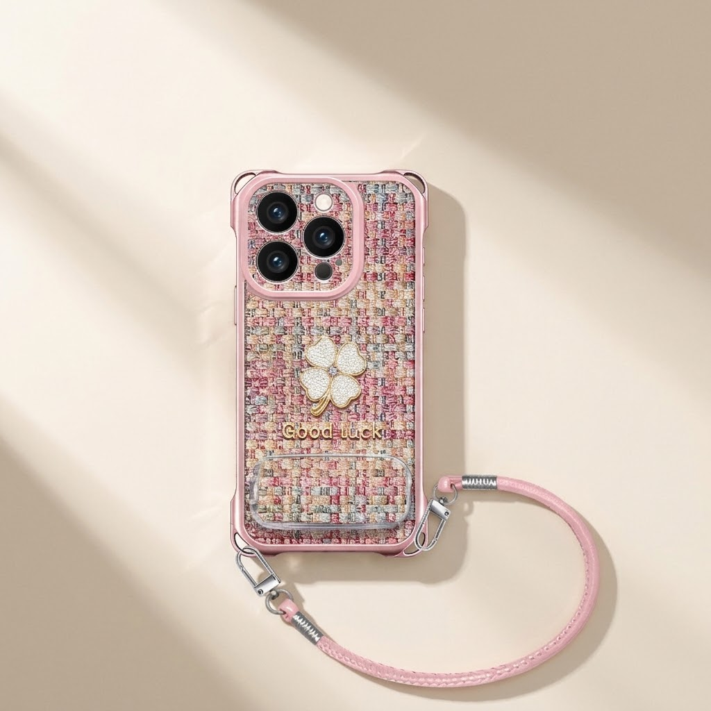 IPHONE pink Tweed Clover Phone Case With Mirror Kickstand