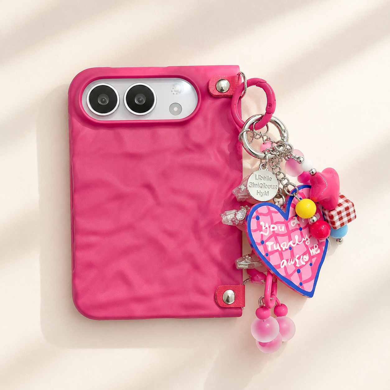 IPHONE Cute Heart Kickstand Foldable Case for iPhone Duo, With Bead Handle Charm