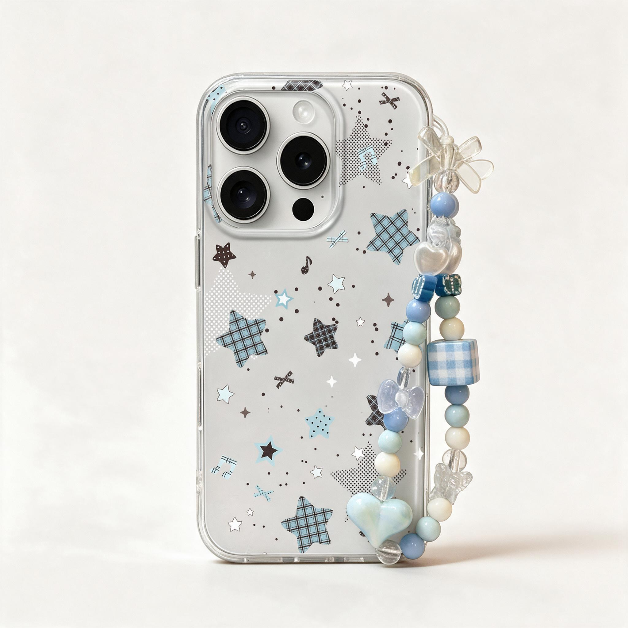 iPhone Aesthetic Star Pattern Clear  Case | Handmade Blue Heart Beaded Phone Lanyard for Girls