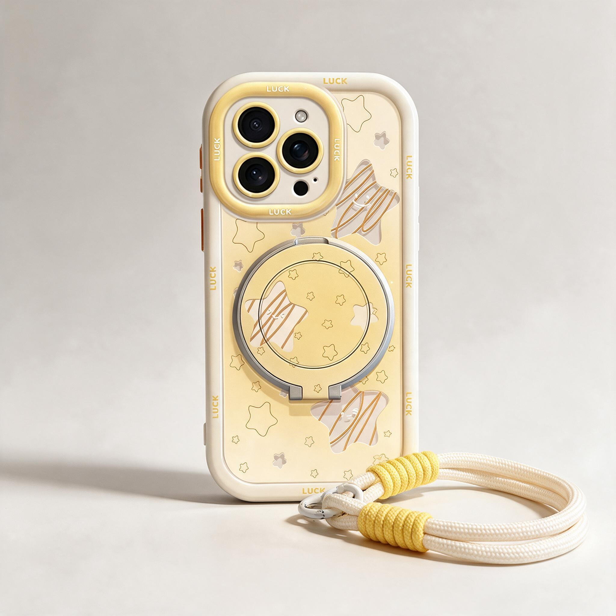 IPHONE Cream Yellow Star  Case | Magnetic Rotatable Stand + Woven Wrist Strap