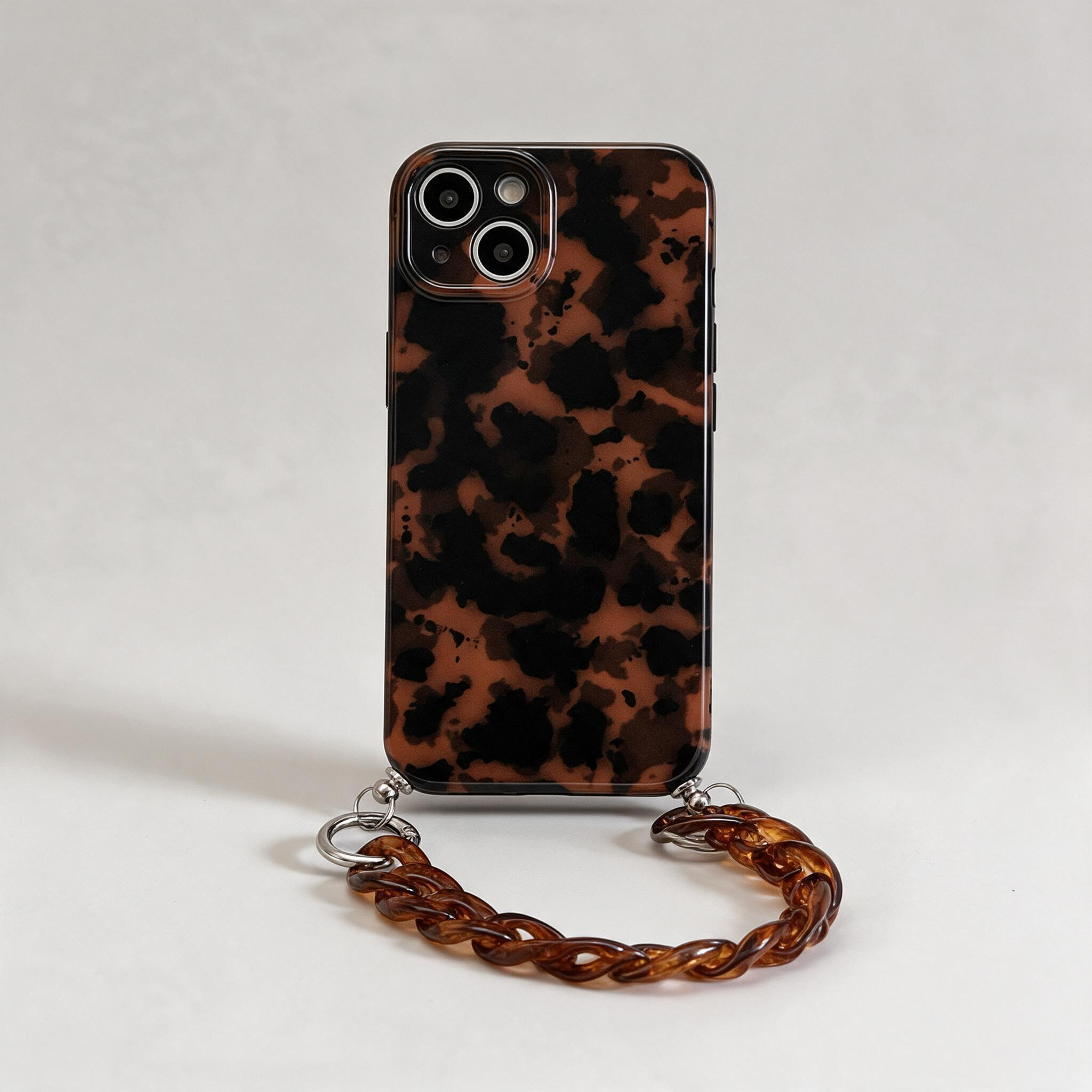IPHONE Vintage Tortoiseshell Phone Case with Amber Chain Wrist Strap