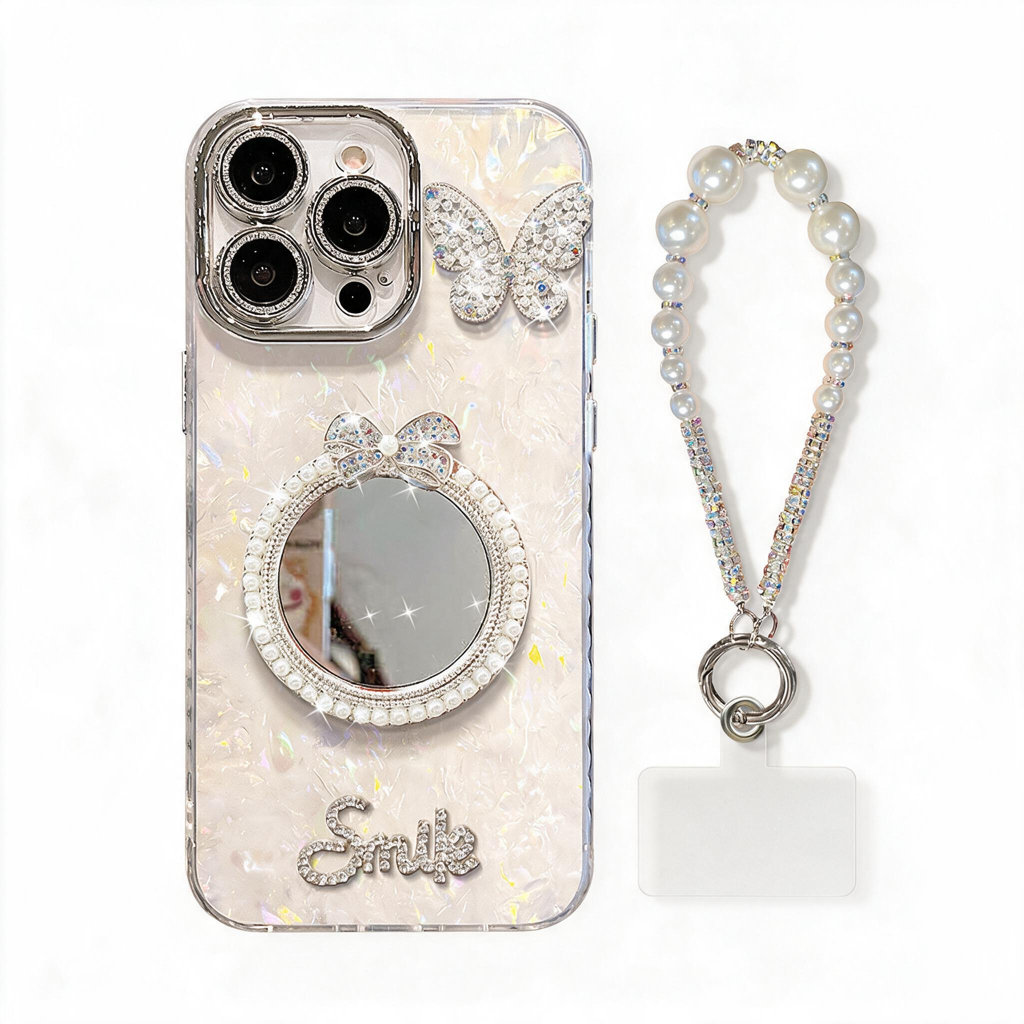 IPHONE Rhinestone Butterfly Mirror Phone Case | With Pearl Wrist Strap