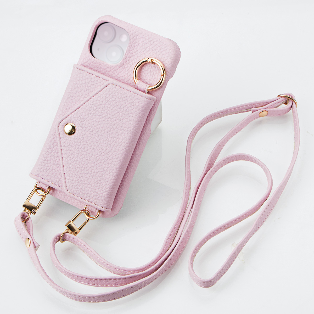 [Copy]IPHONE protective leather case for iPhone with a back-cover design, featuring a wrist strap and a crossbody shoulder strap