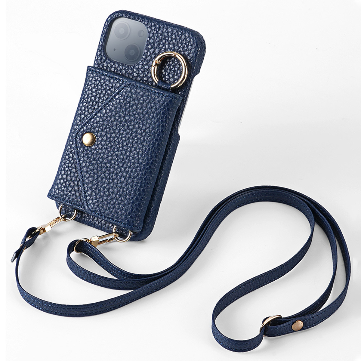 [Copy]IPHONE protective leather case for iPhone with a back-cover design, featuring a wrist strap and a crossbody shoulder strap