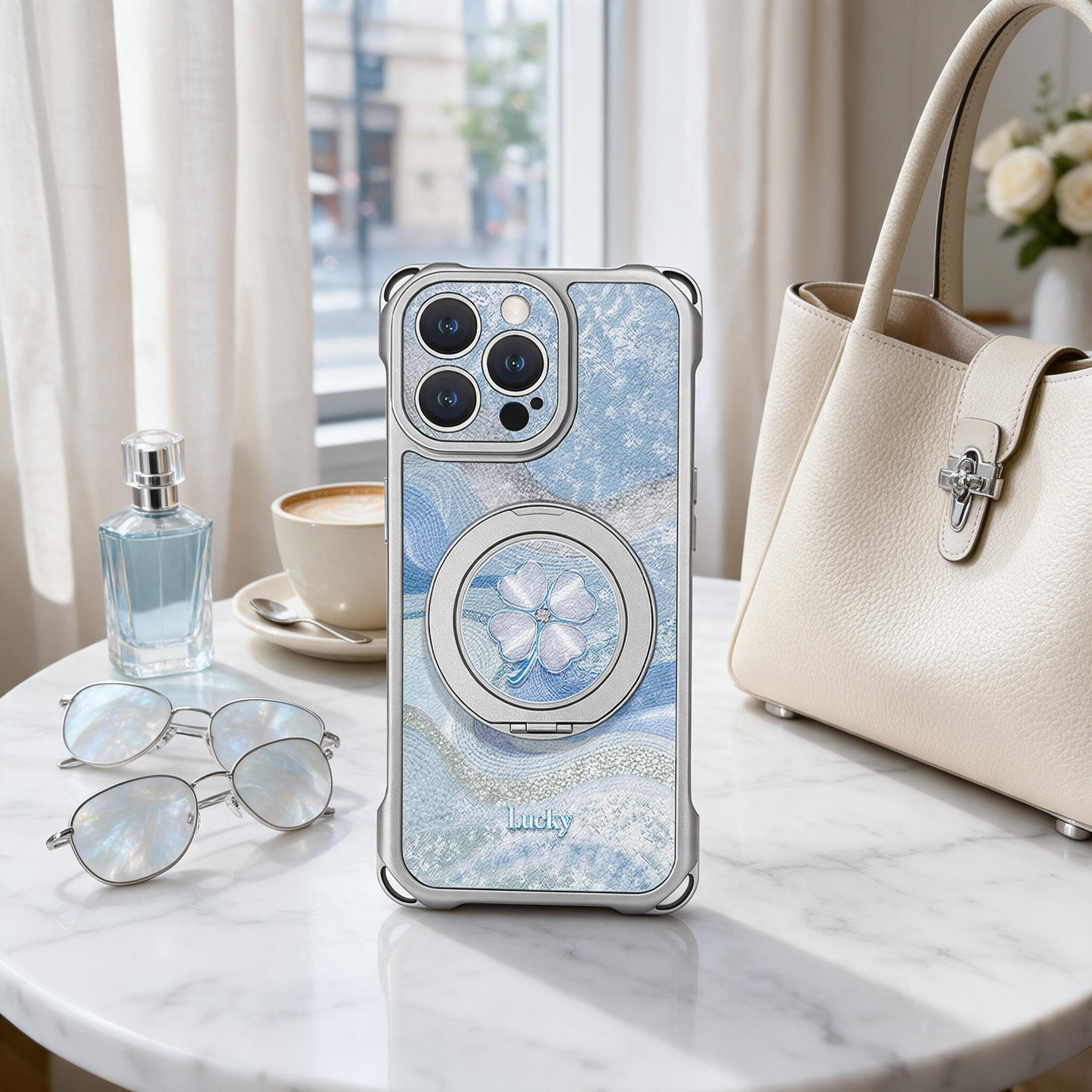 IPHONE Aesthetic Blue-Tone Four-Leaf Clover Case | Magnetic Rotating Kickstand + Crossbody & Wrist Lanyards