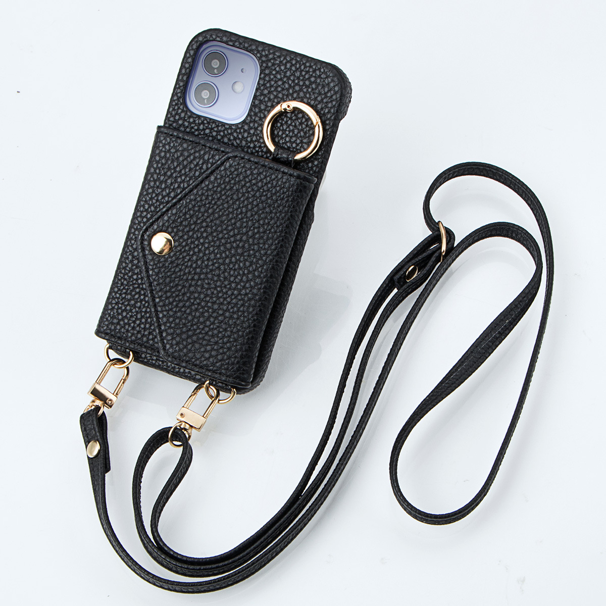 [Copy]IPHONE protective leather case for iPhone with a back-cover design, featuring a wrist strap and a crossbody shoulder strap