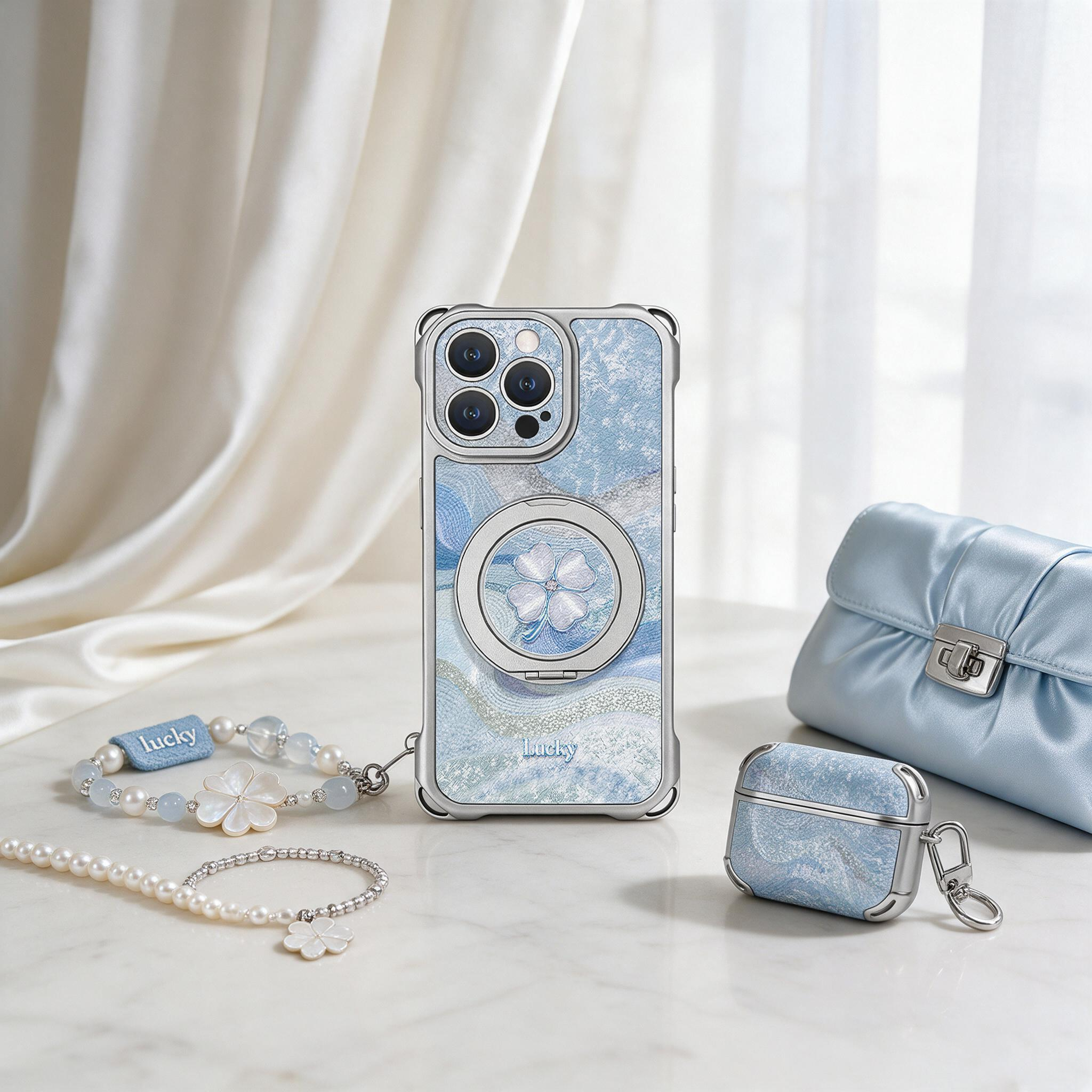 IPHONE Aesthetic Blue-Tone Four-Leaf Clover Case | Magnetic Rotating Kickstand + Crossbody & Wrist Lanyards