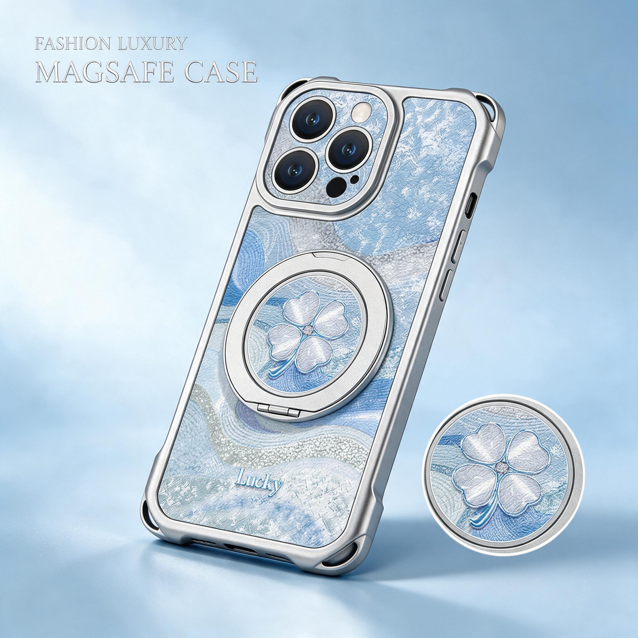 IPHONE Aesthetic Blue-Tone Four-Leaf Clover Case | Magnetic Rotating Kickstand + Crossbody & Wrist Lanyards