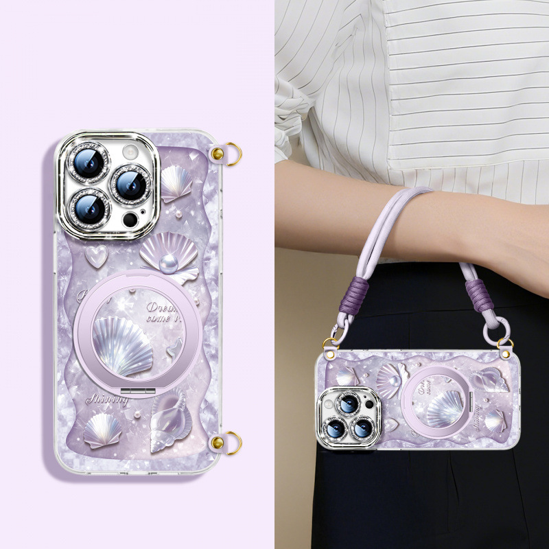 iPhone Mermaid Aesthetic Purple Seashell  Case With Hand Strap