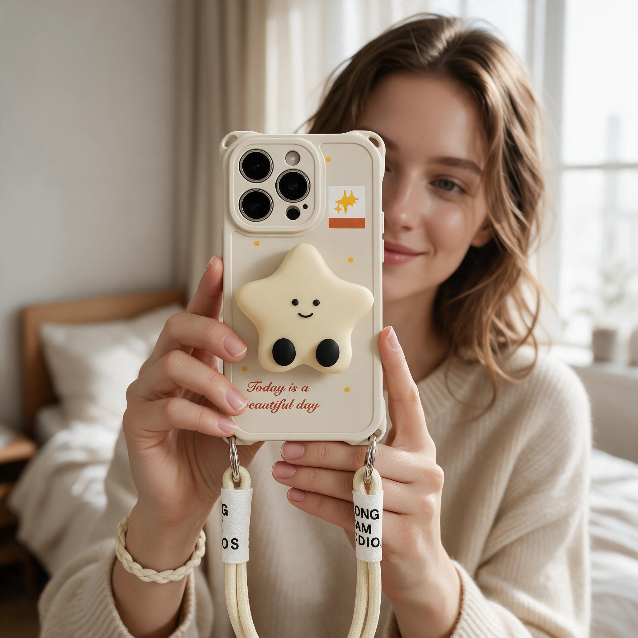 IPHONE Cute Smiling Star iPhone Case With Detachable Hand Strap  Pop Socket
