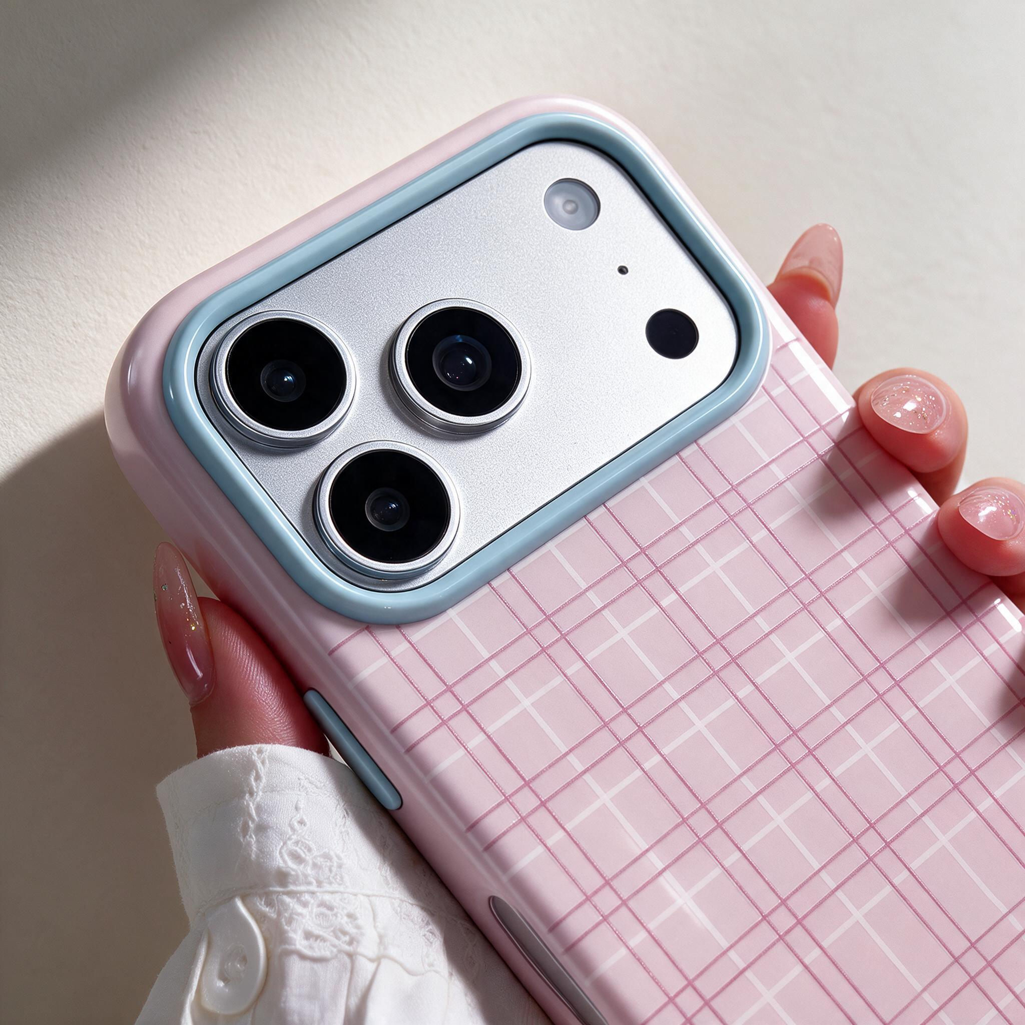 IPHONE aesthetic Pink Grid Glossy iPhone Case with Heart Mirror Stand