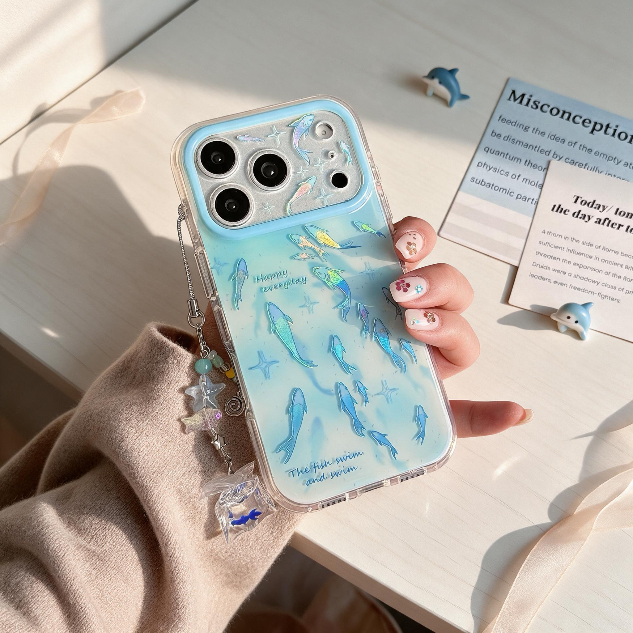 IPHONE holographic Blue Fish Clear Phone Case With Cute Fish Bag Charm