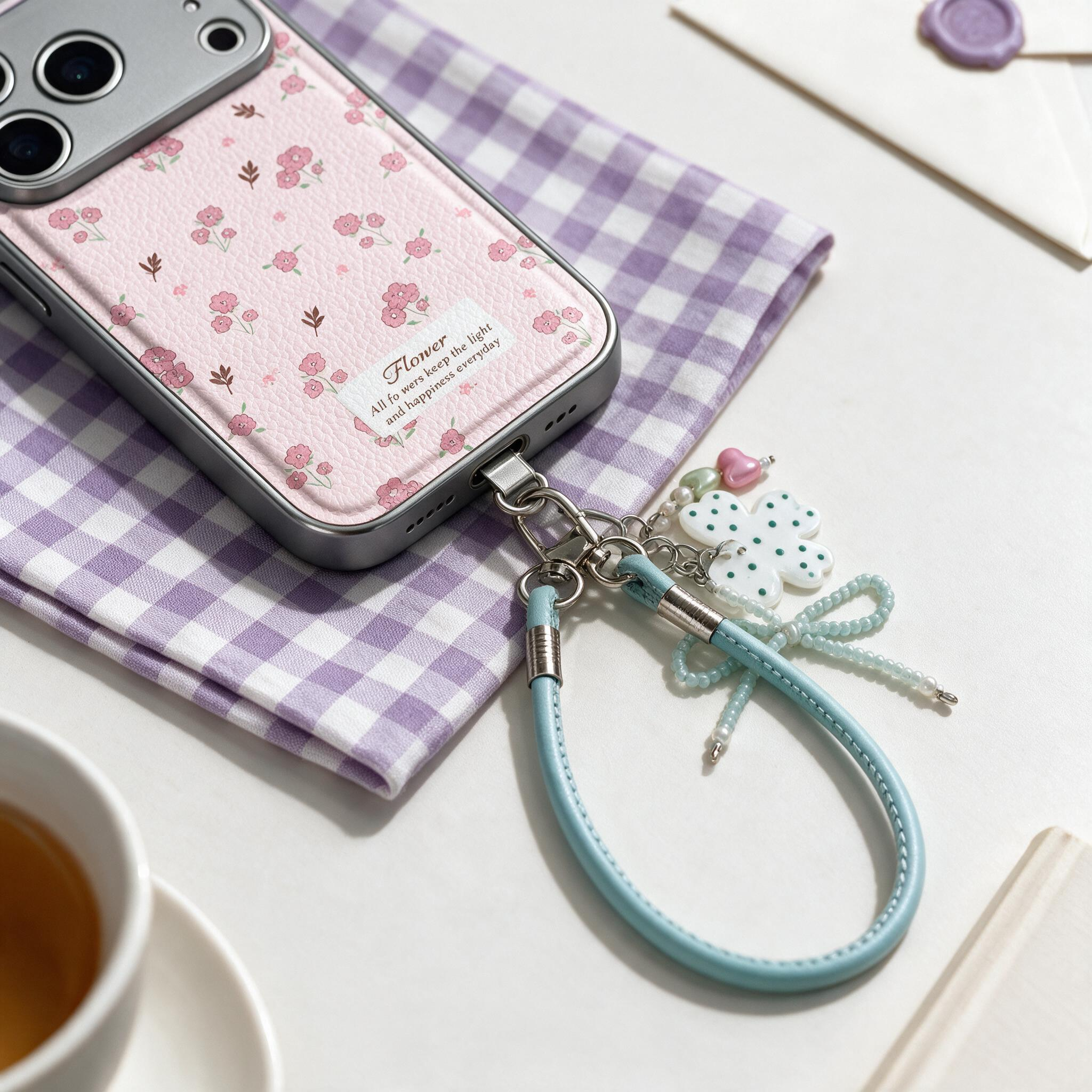 IPHNOE light Blue Leather Phone Wrist Strap With Clover Charm