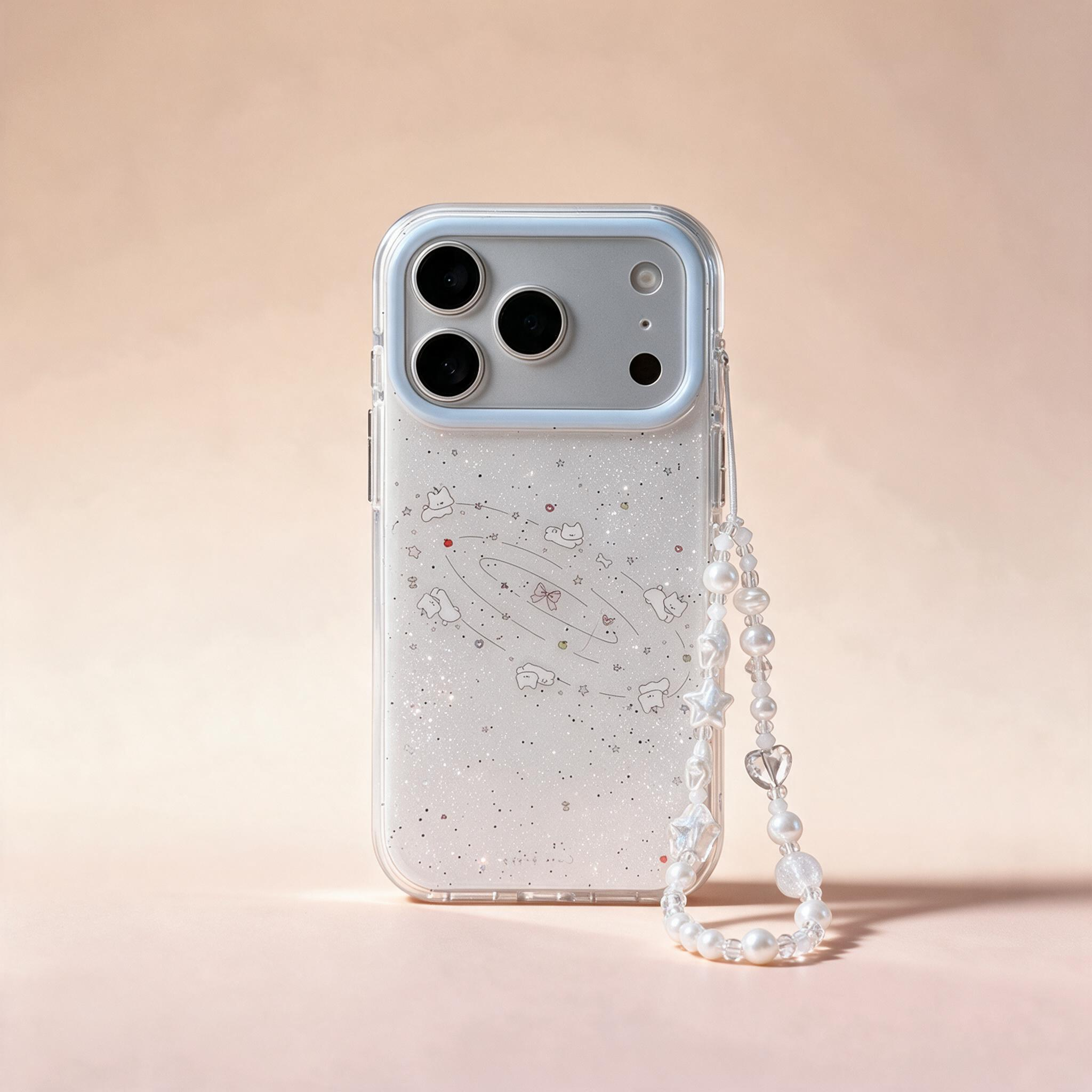 IPHONE clear Glitter Starry Sky Phone Case, Cute Orbiting Kitten Design Pearl Strap