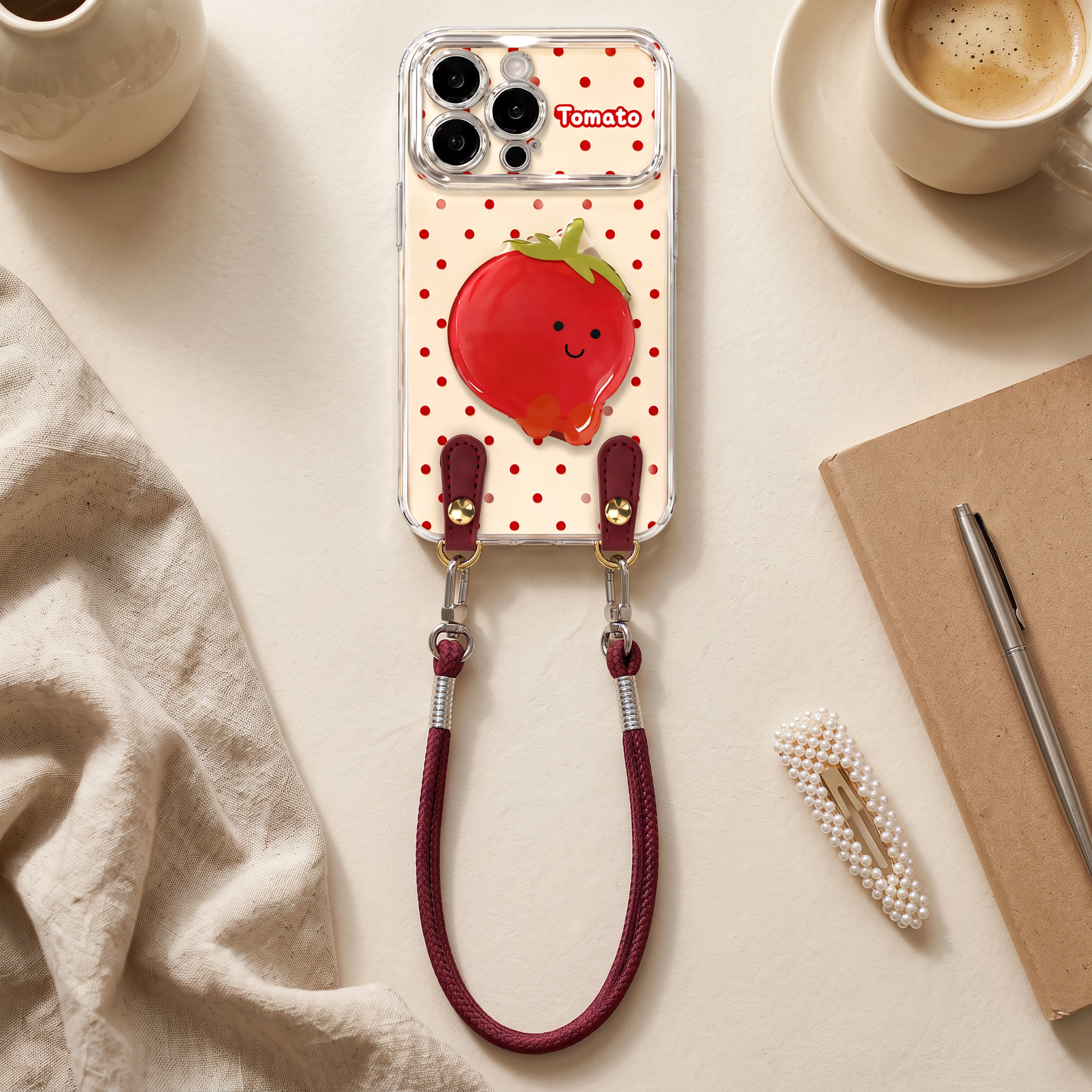 IPHONE cute Tomato Polka Dot Phone Case Matching Hand Strap