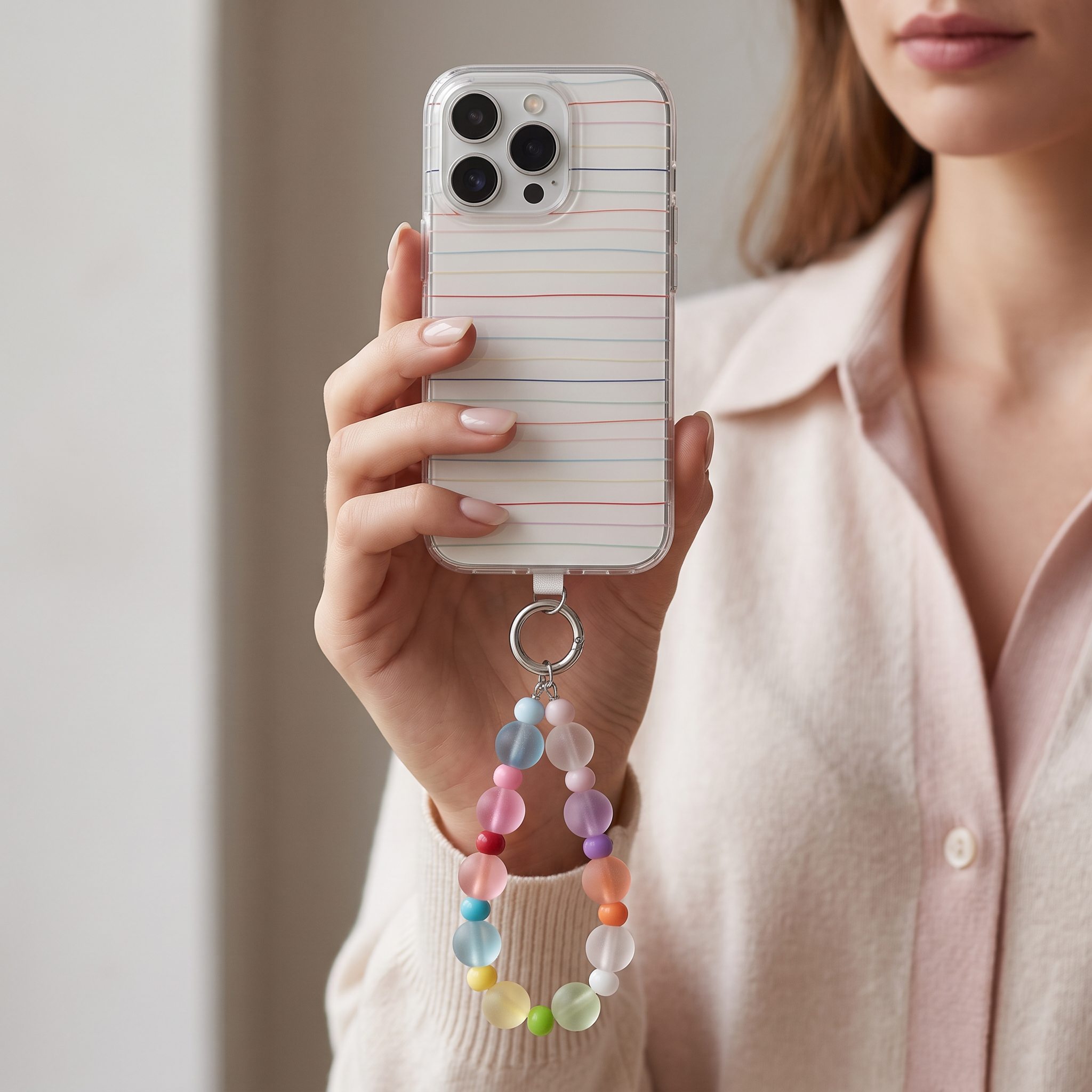 IPHONE transparent Striped Phone Case with Colorful Frosted Bead Chain