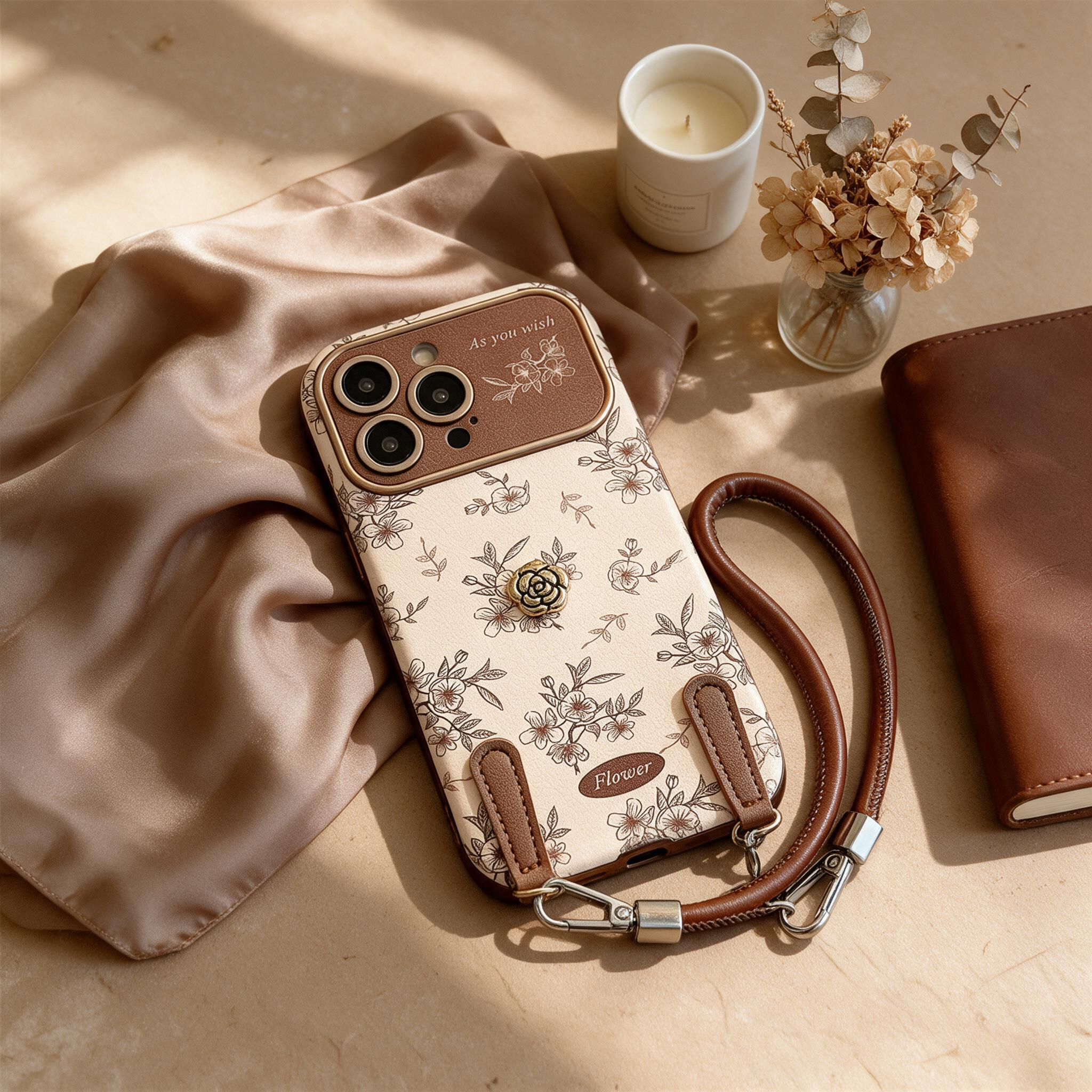 IPHONE French-style floral and camellia phone case with a wrist strap