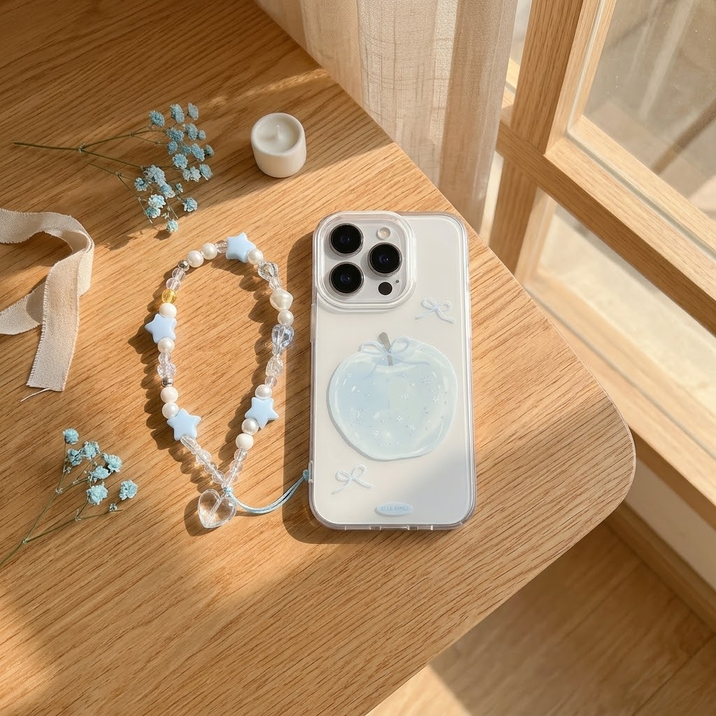 IPHONE Light Blue Apple Bow Phone Case with Star Pearl Wrist ChainLight Blue Apple Bow Phone Case with Star Pearl Wrist Chain