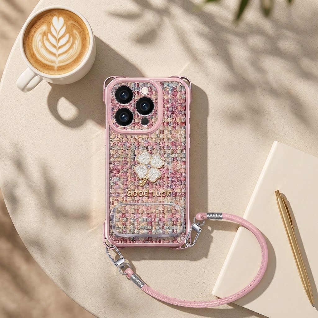 IPHONE pink Tweed Clover Phone Case With Mirror Kickstand