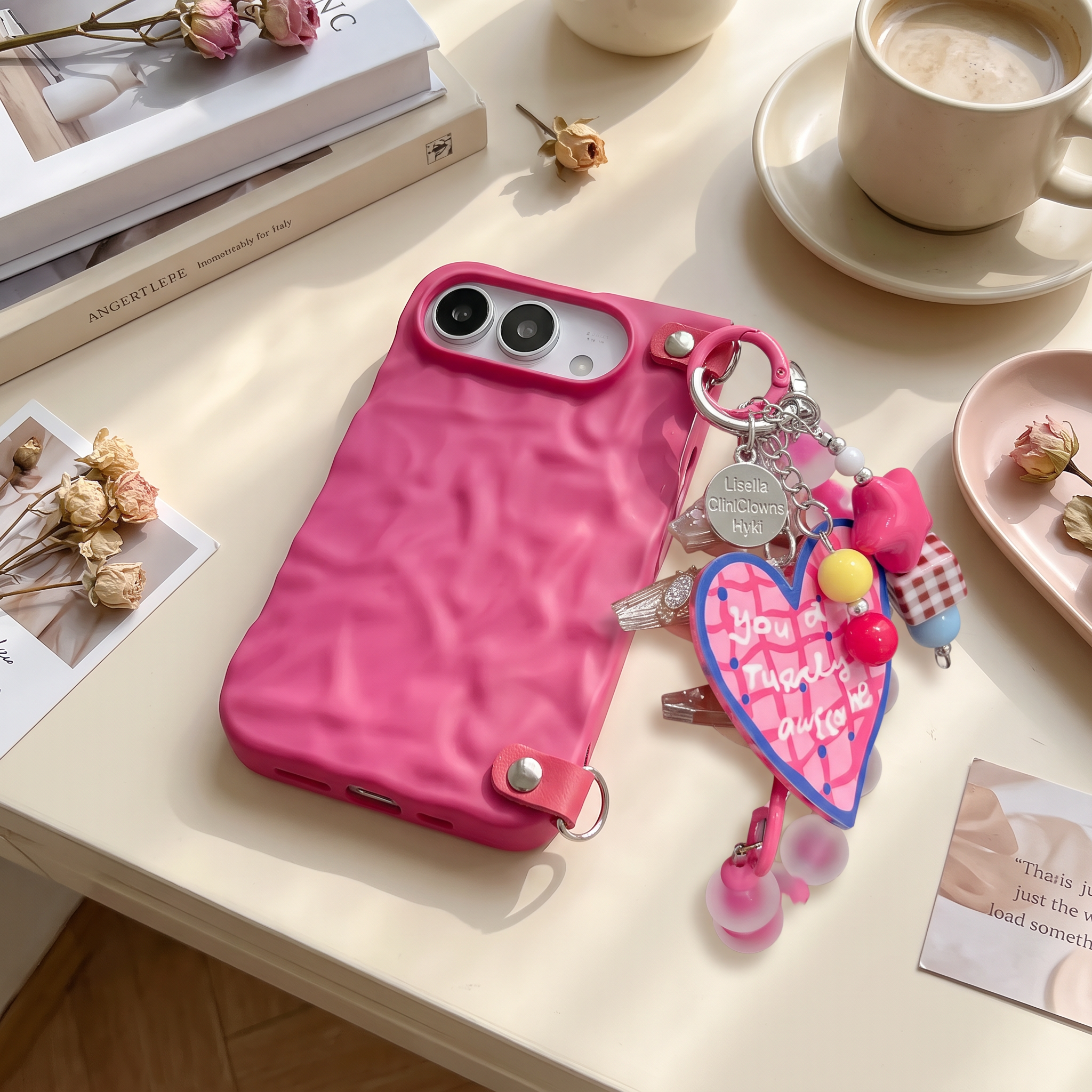 IPHONE Cute Heart Kickstand Foldable Case for iPhone Duo, With Bead Handle Charm