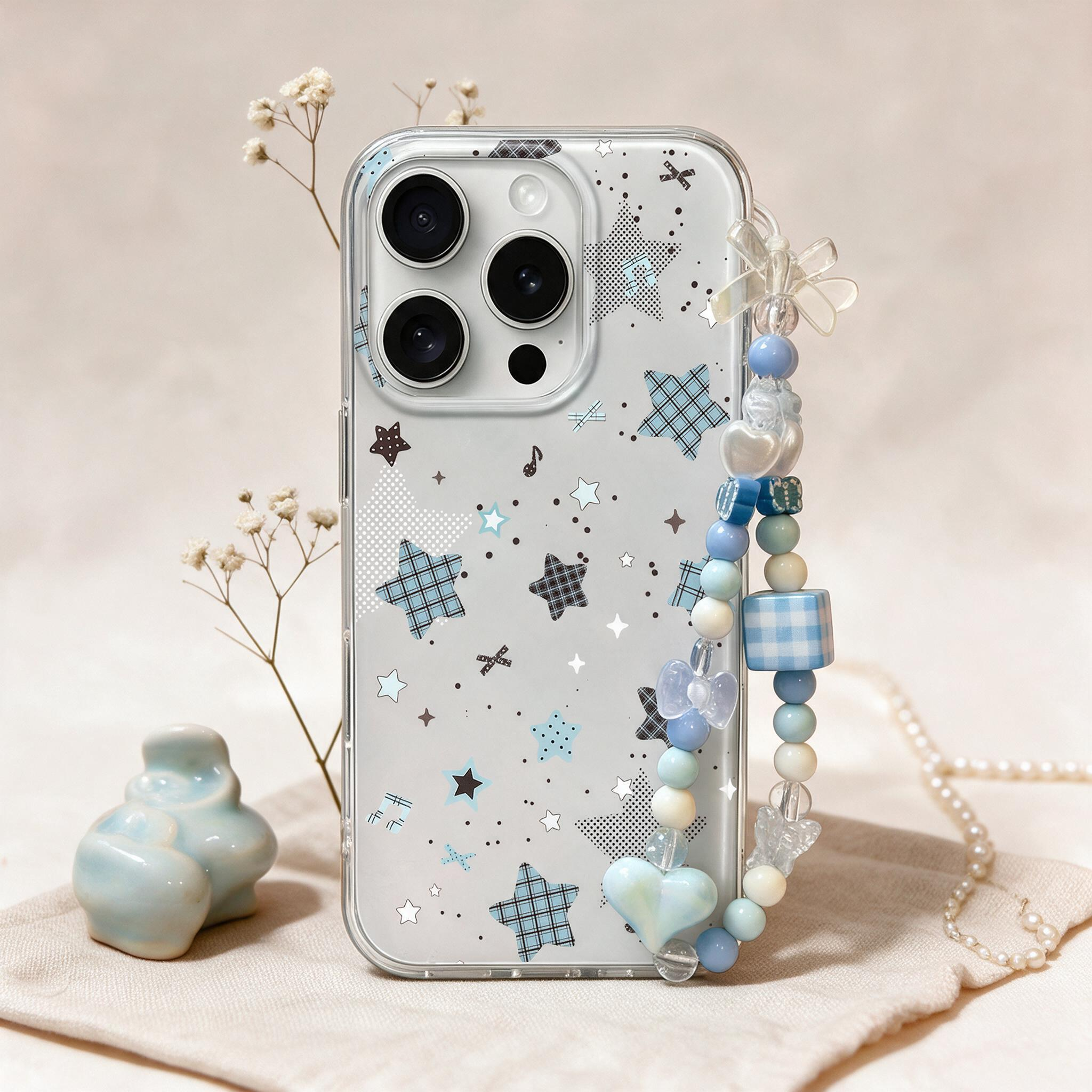 iPhone Aesthetic Star Pattern Clear  Case | Handmade Blue Heart Beaded Phone Lanyard for Girls