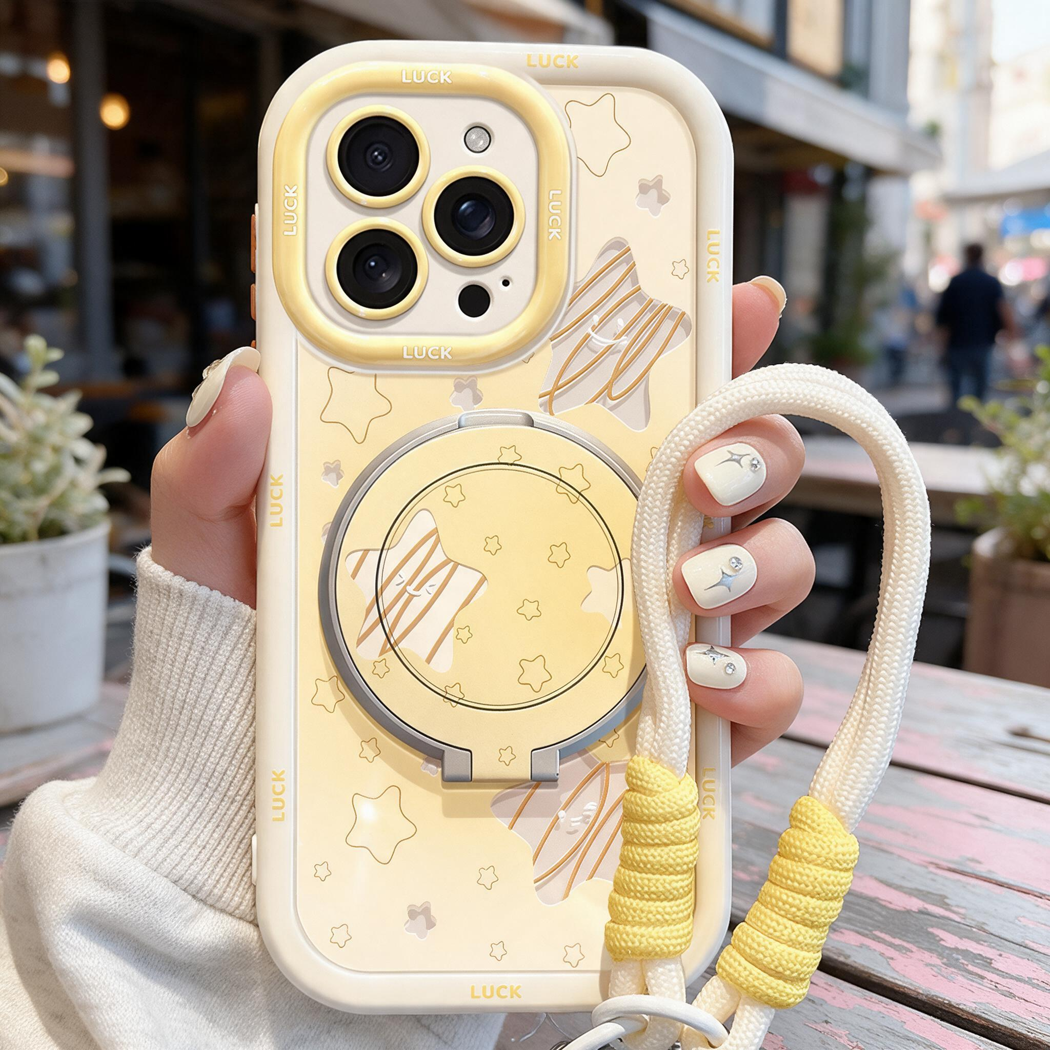 IPHONE Cream Yellow Star  Case | Magnetic Rotatable Stand + Woven Wrist Strap