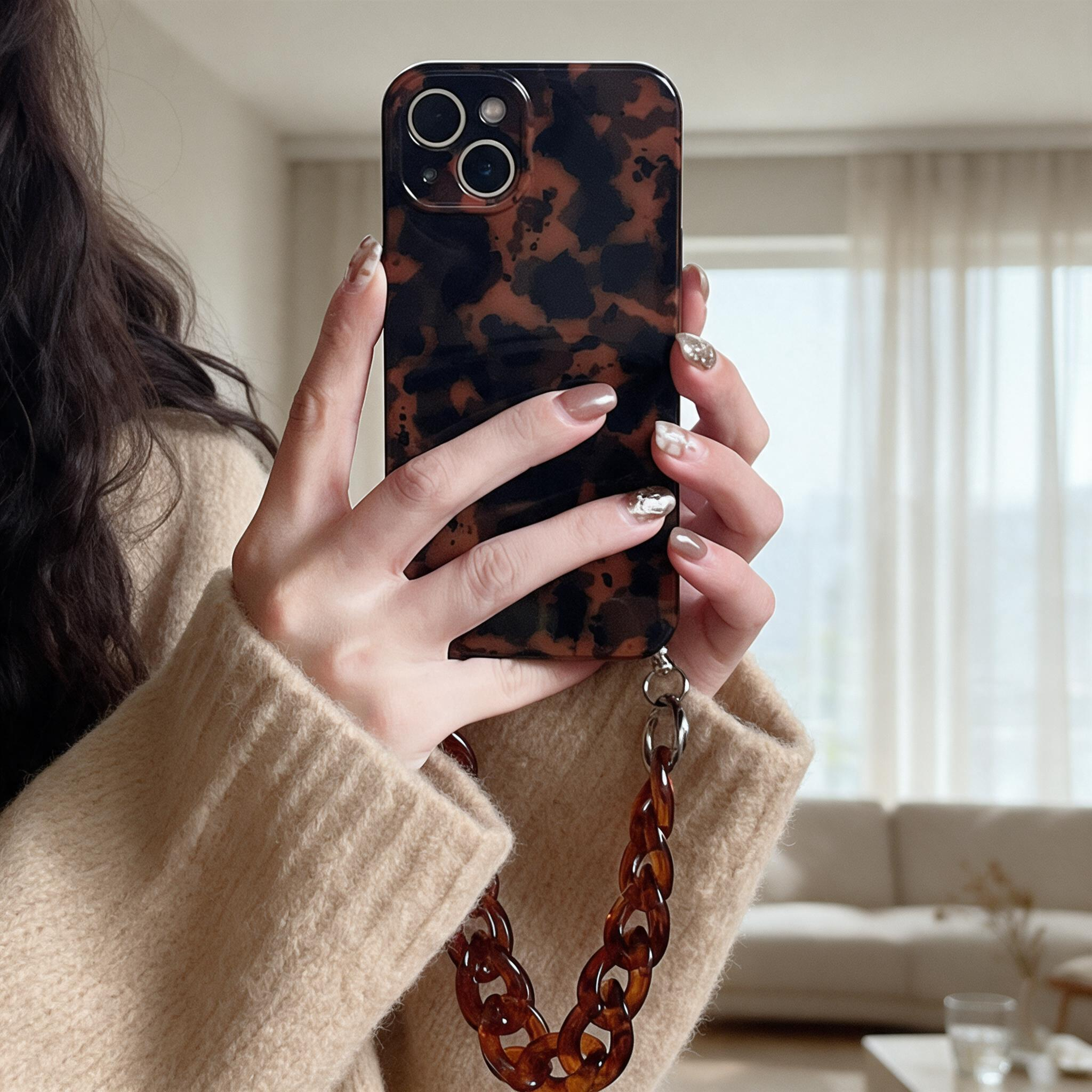 IPHONE Vintage Tortoiseshell Phone Case with Amber Chain Wrist Strap