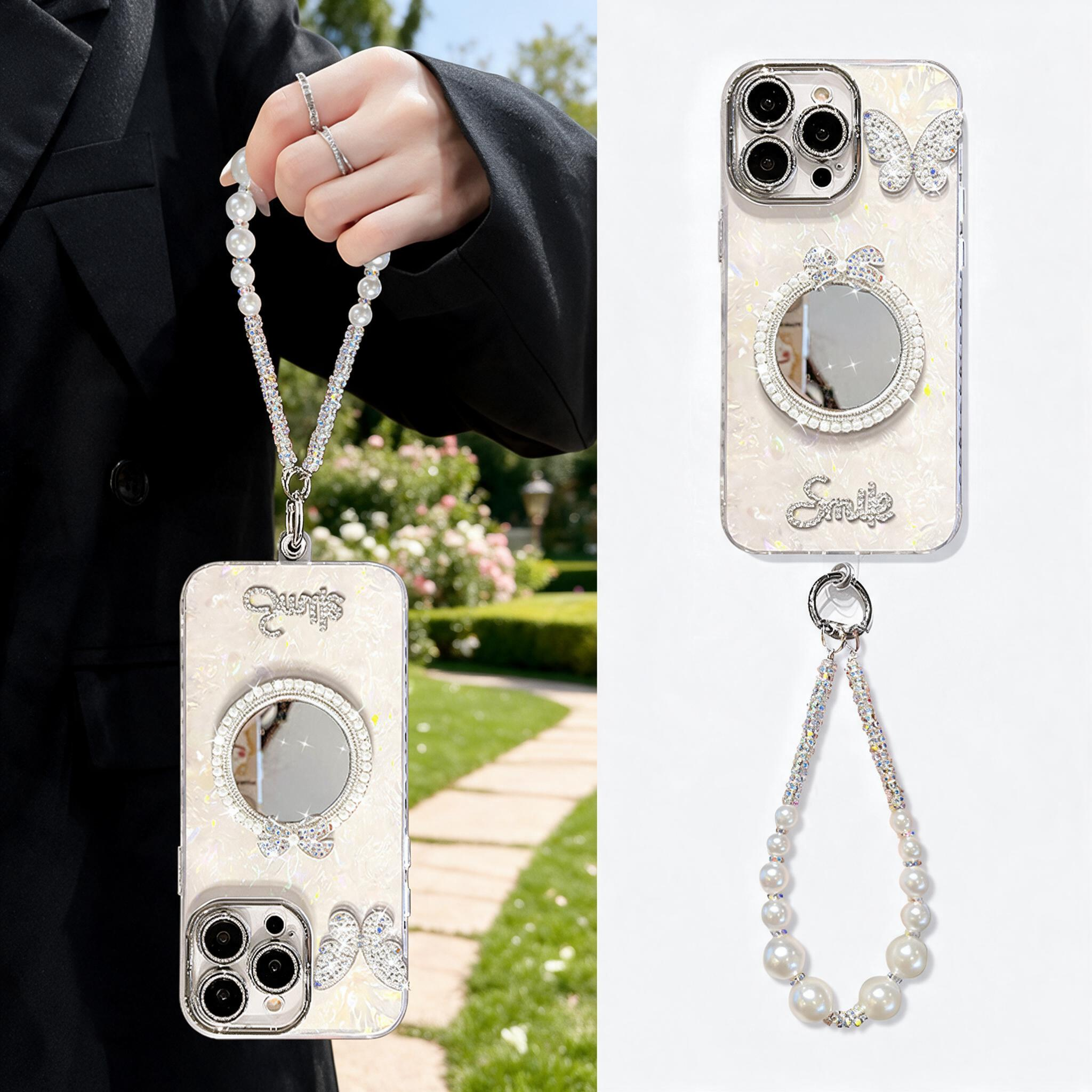 IPHONE Rhinestone Butterfly Mirror Phone Case | With Pearl Wrist Strap
