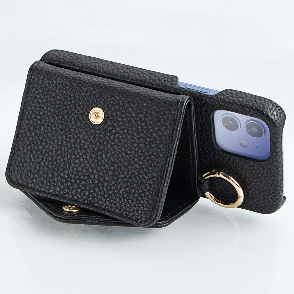 [Copy]IPHONE protective leather case for iPhone with a back-cover design, featuring a wrist strap and a crossbody shoulder strap