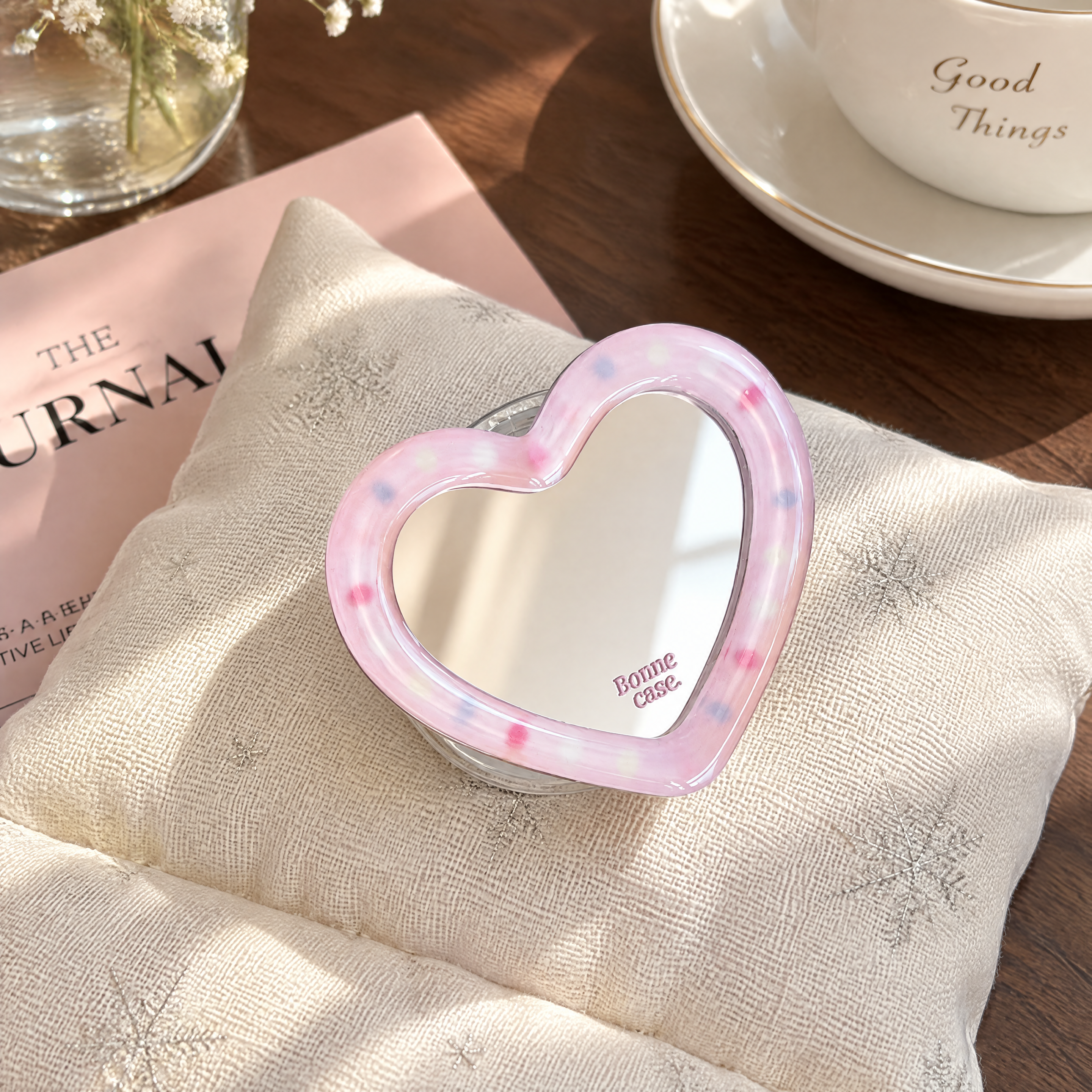 IPHONE aesthetic Pink Grid Glossy iPhone Case with Heart Mirror Stand