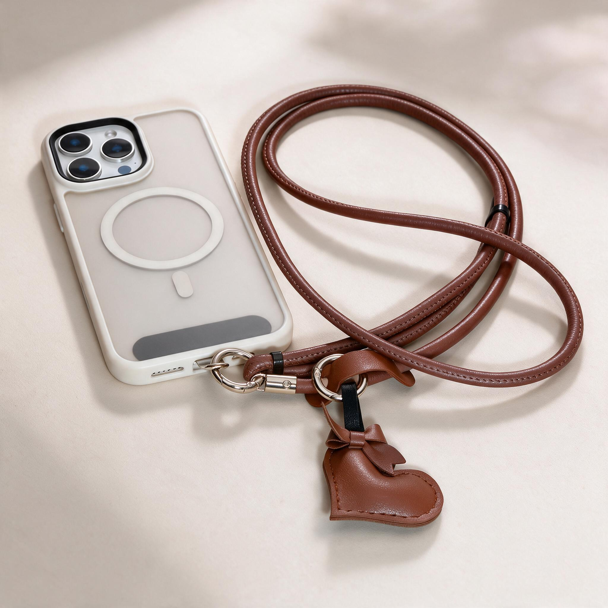 IPHONE adjustable Leather Crossbody Phone Strap with Heart Charm & Bow