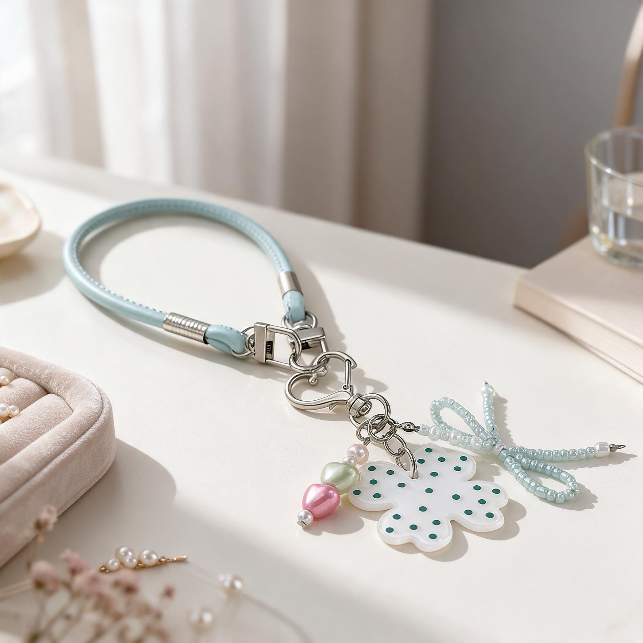 IPHNOE light Blue Leather Phone Wrist Strap With Clover Charm