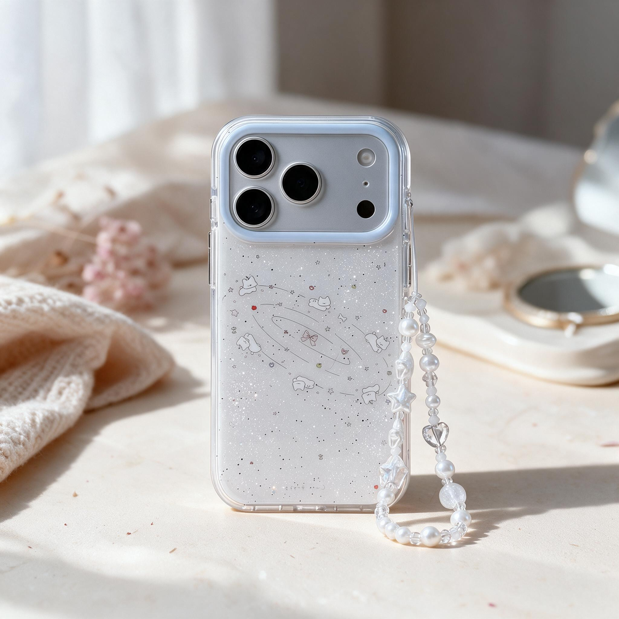 IPHONE clear Glitter Starry Sky Phone Case, Cute Orbiting Kitten Design Pearl Strap