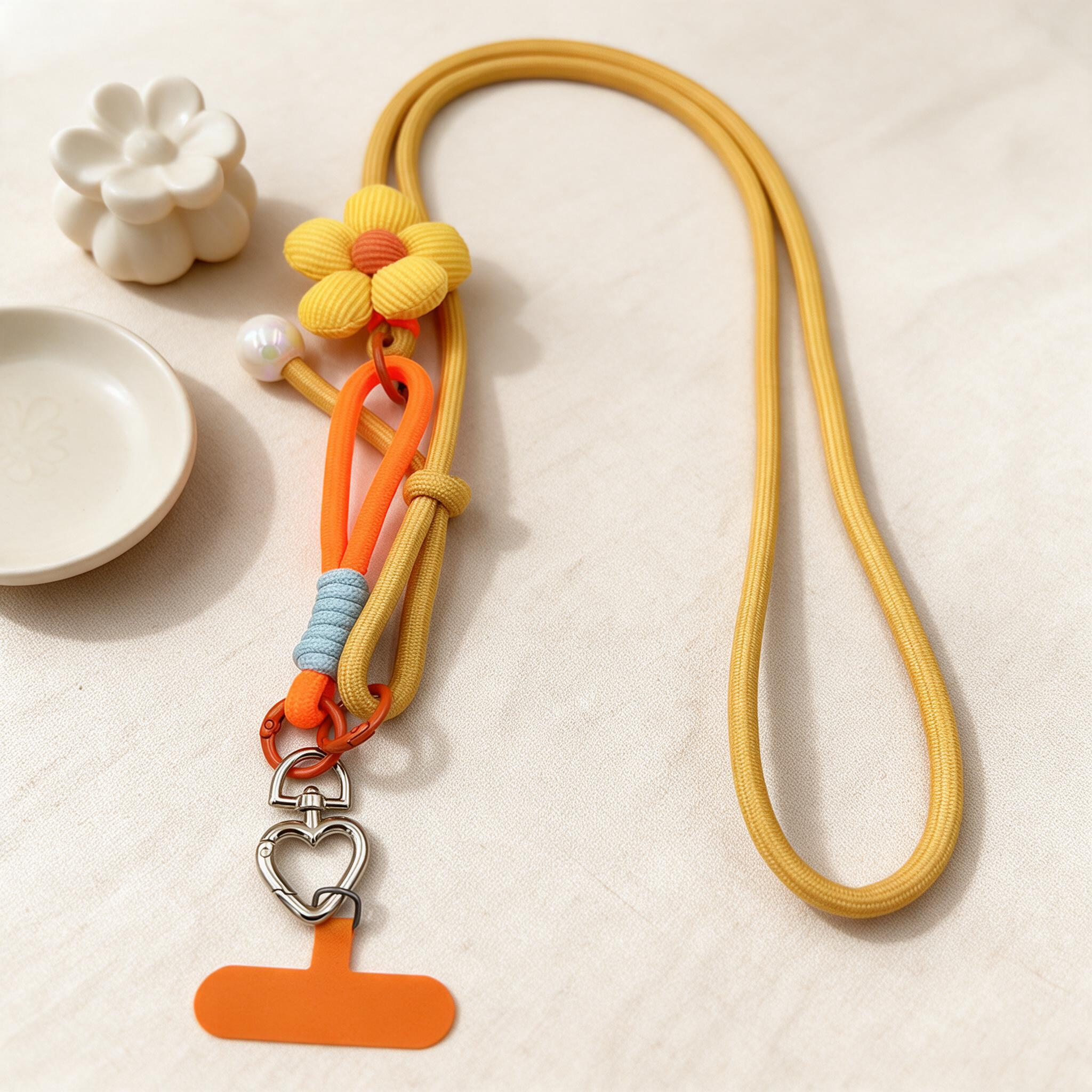 IPHONE Floral Decor Phone Lanyard with Heart Metal Clasp