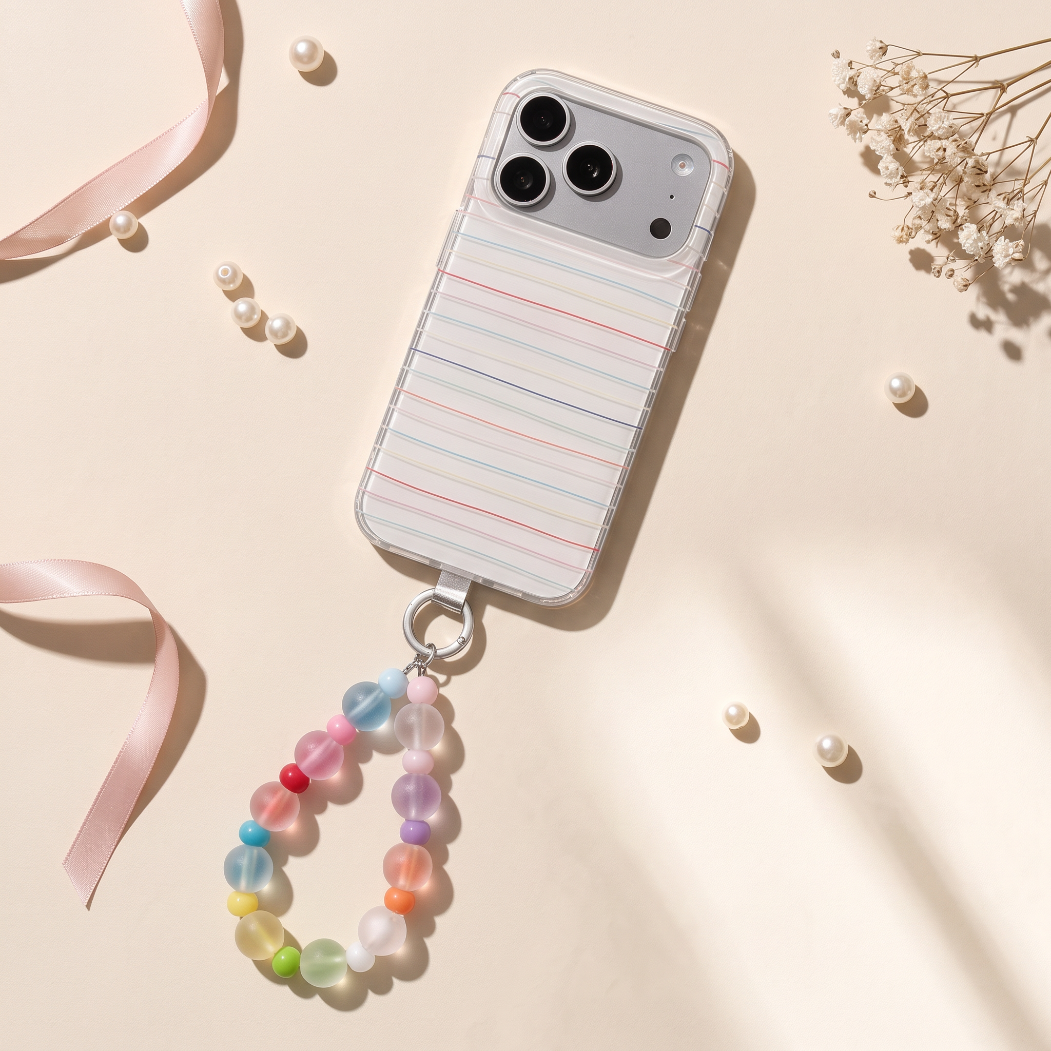 IPHONE transparent Striped Phone Case with Colorful Frosted Bead Chain