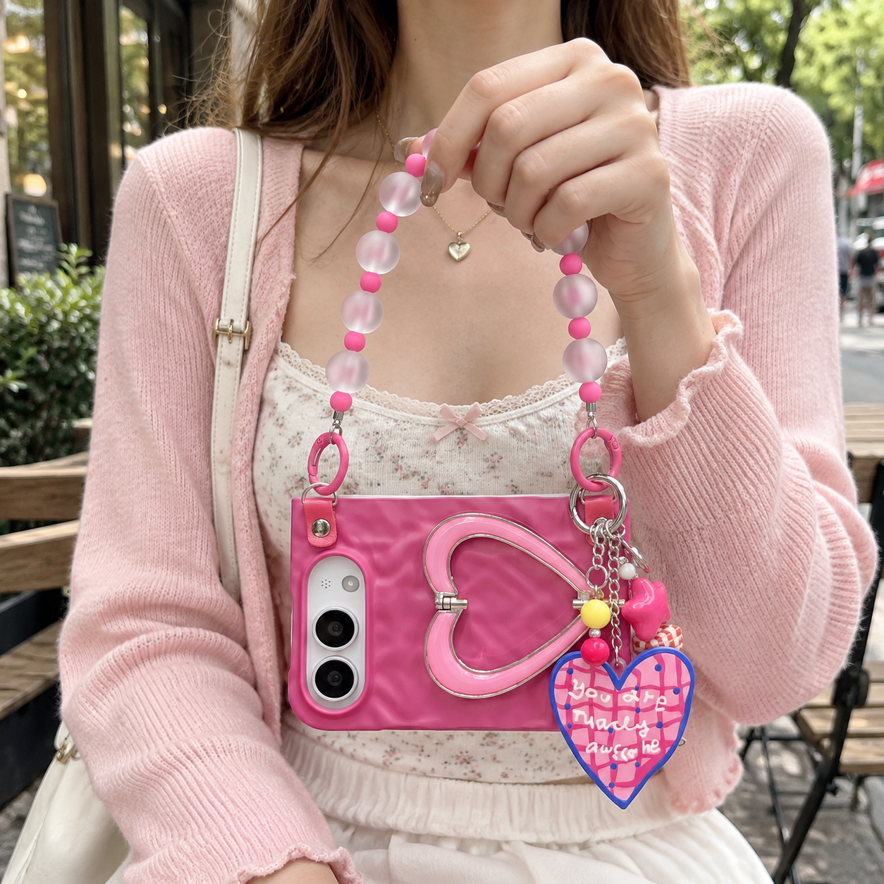 IPHONE Cute Heart Kickstand Foldable Case for iPhone Duo, With Bead Handle Charm