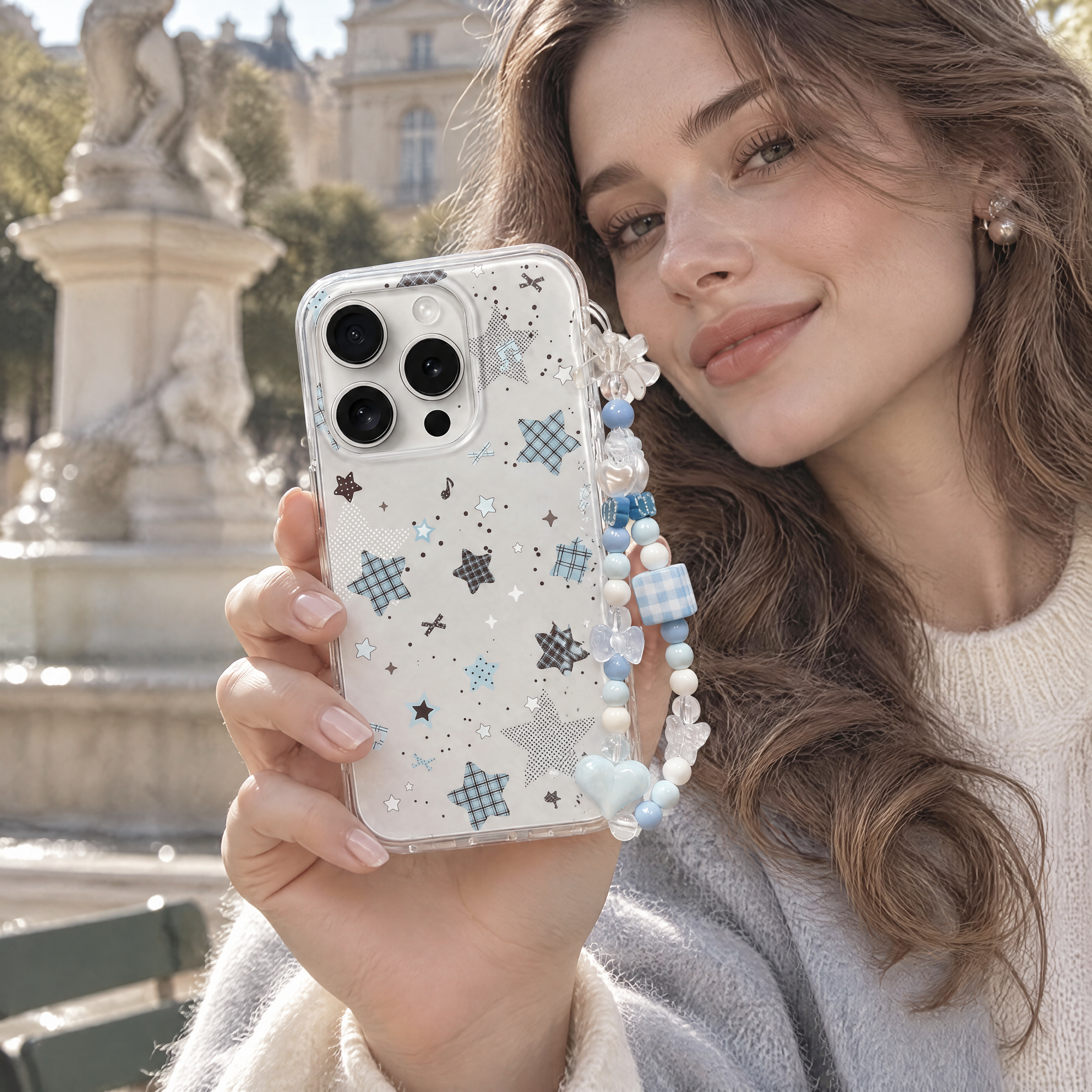 iPhone Aesthetic Star Pattern Clear  Case | Handmade Blue Heart Beaded Phone Lanyard for Girls