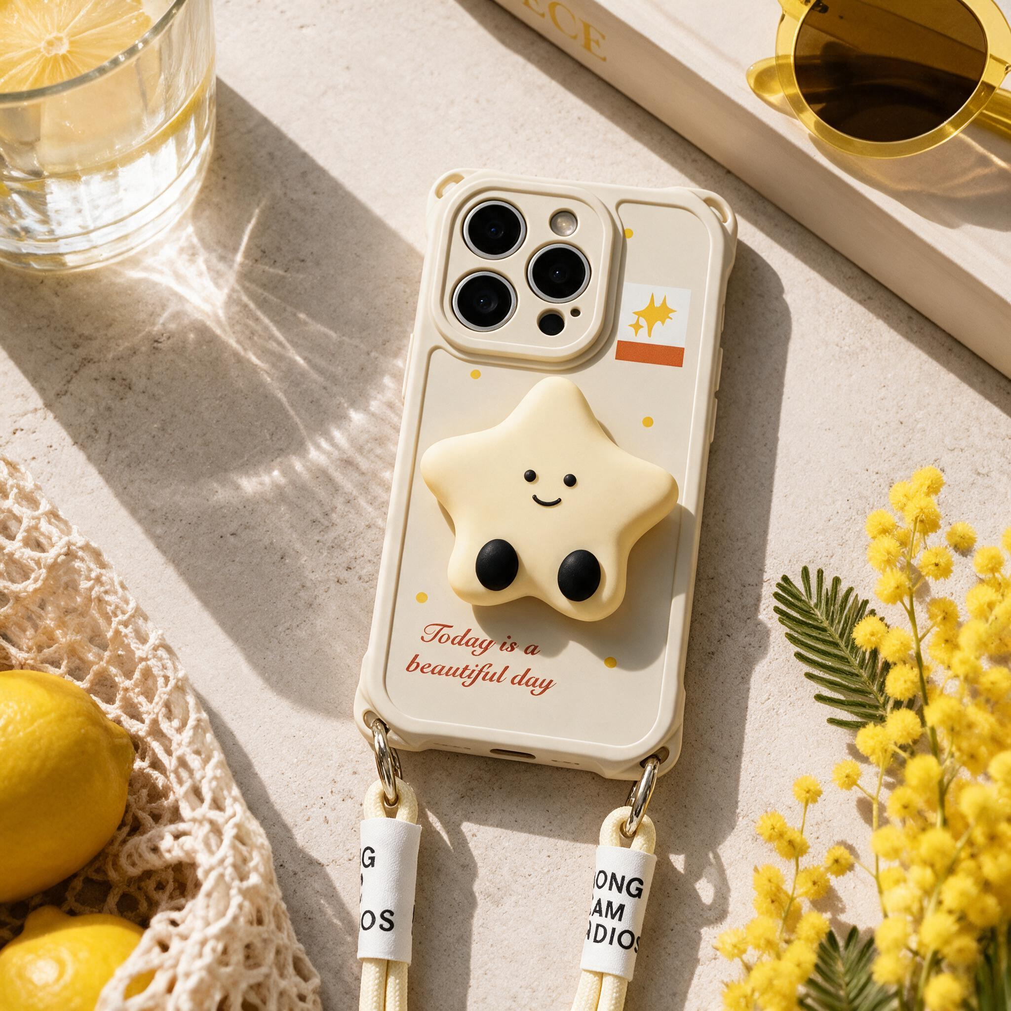 IPHONE Cute Smiling Star iPhone Case With Detachable Hand Strap  Pop Socket