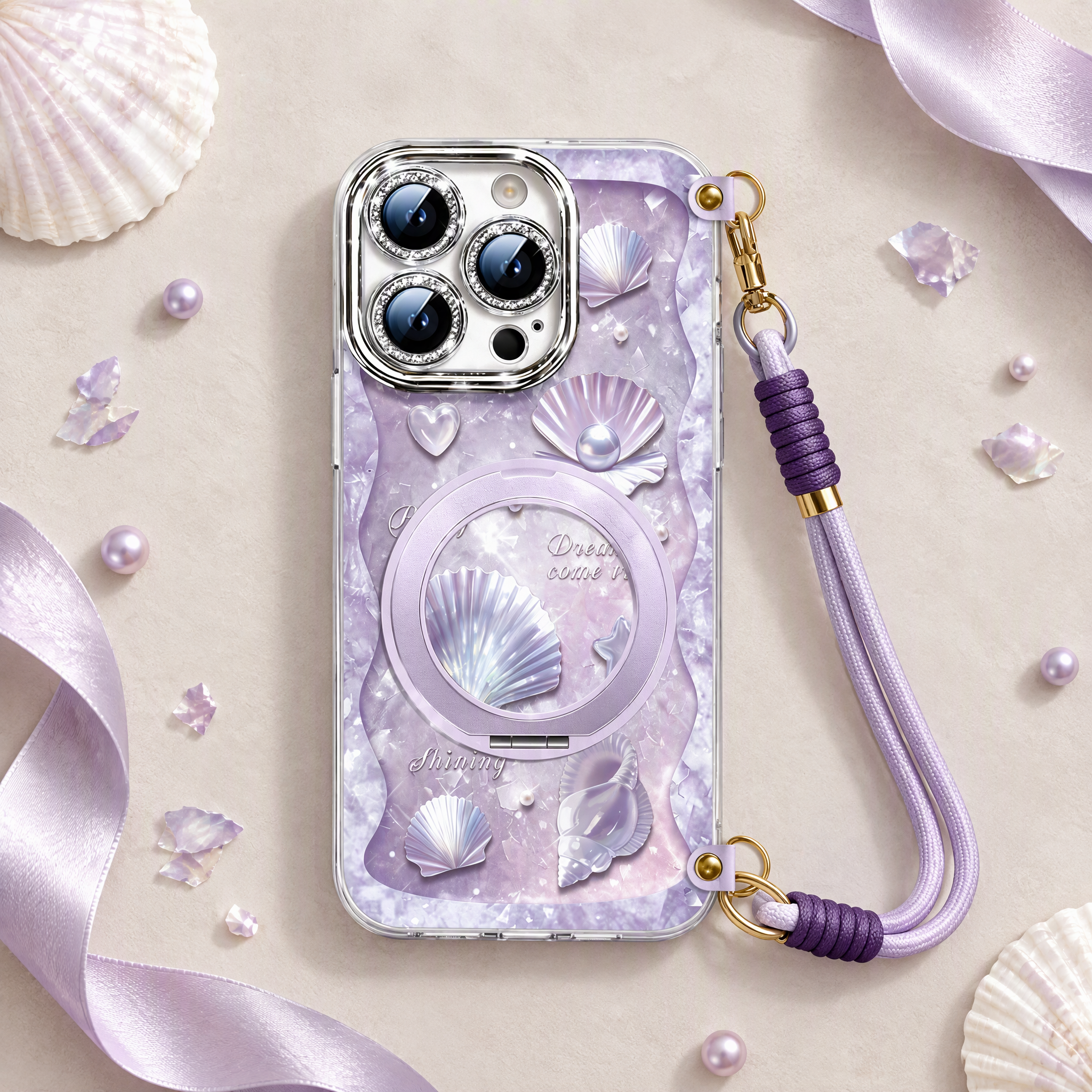 iPhone Mermaid Aesthetic Purple Seashell  Case With Hand Strap