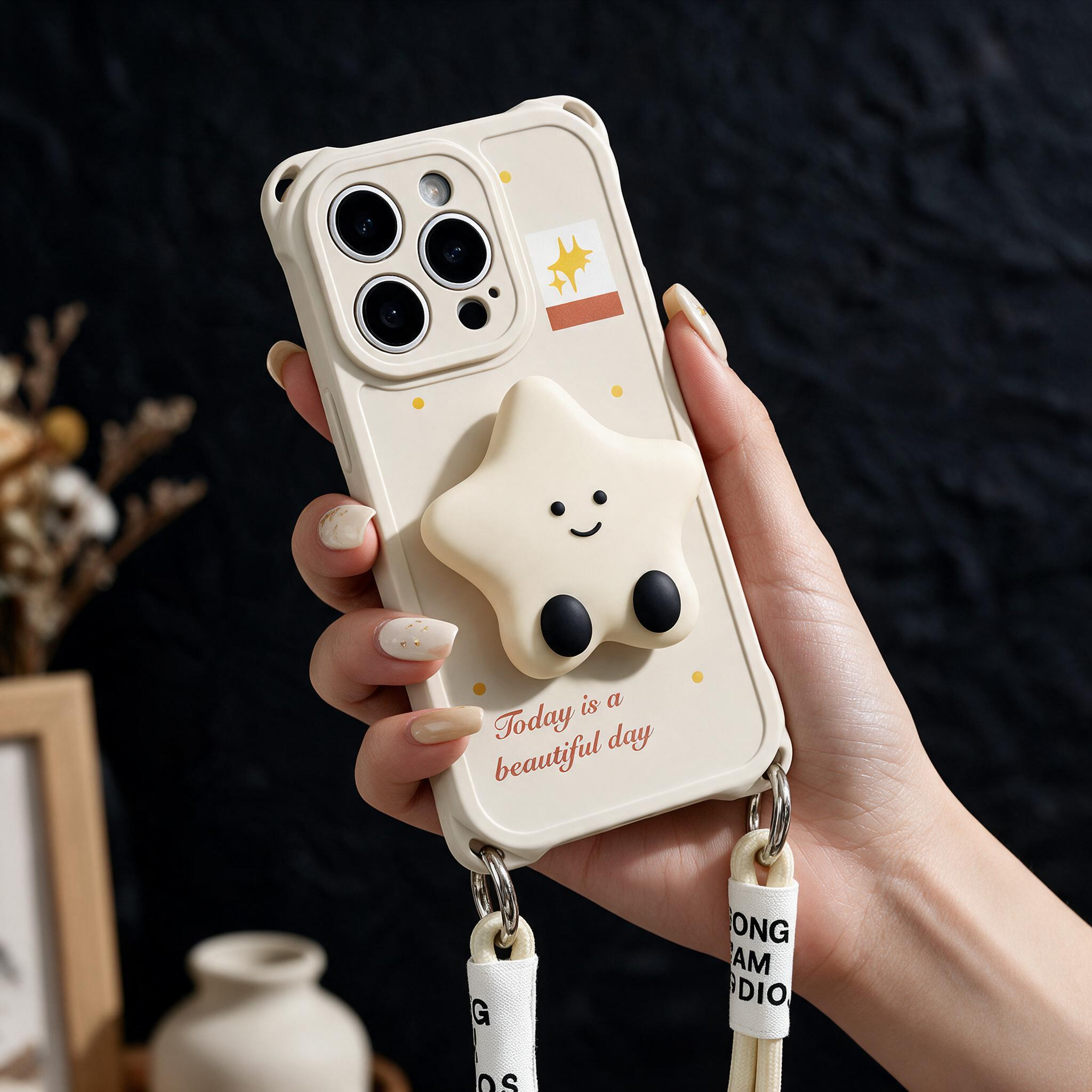 IPHONE Cute Smiling Star iPhone Case With Detachable Hand Strap  Pop Socket