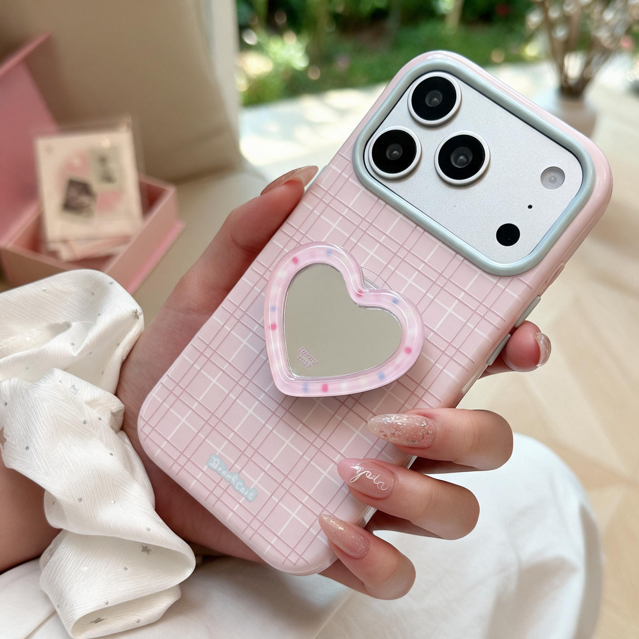IPHONE aesthetic Pink Grid Glossy iPhone Case with Heart Mirror Stand