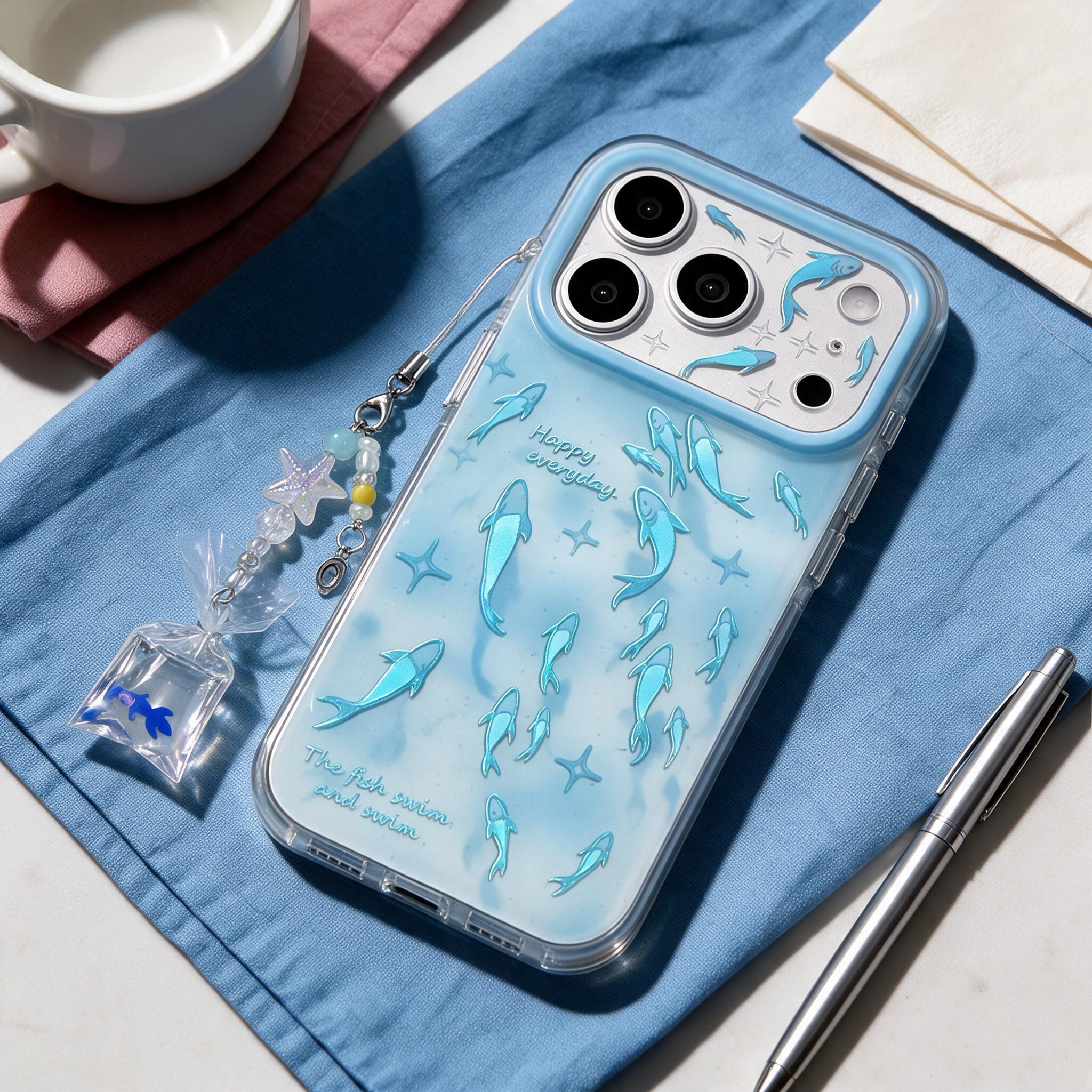 IPHONE holographic Blue Fish Clear Phone Case With Cute Fish Bag Charm