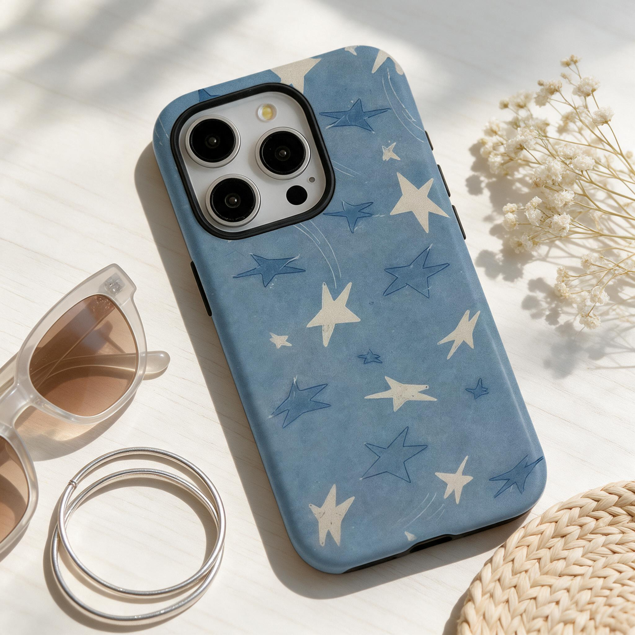 IPHONE dreamy Blue Shooting Star Phone Cover, Whimsical Hand Drawn Star Design