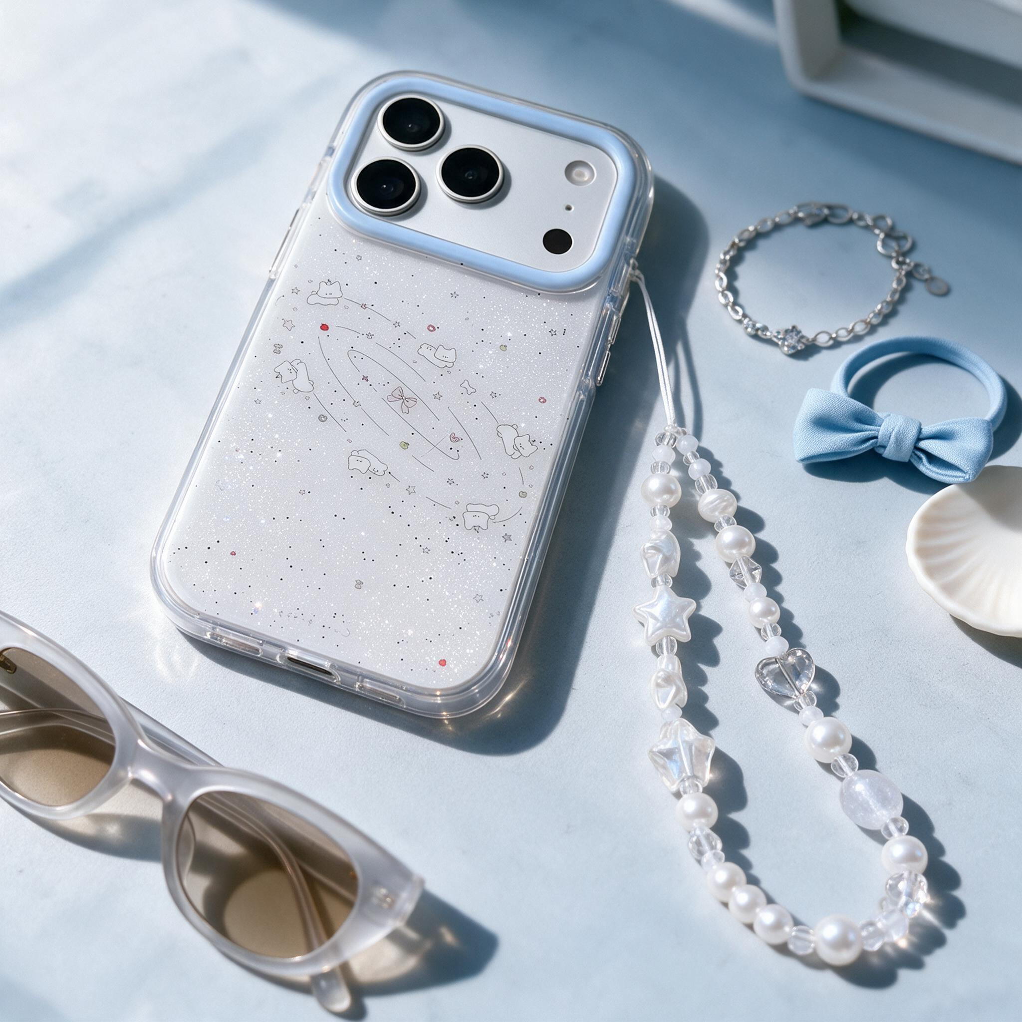 IPHONE clear Glitter Starry Sky Phone Case, Cute Orbiting Kitten Design Pearl Strap