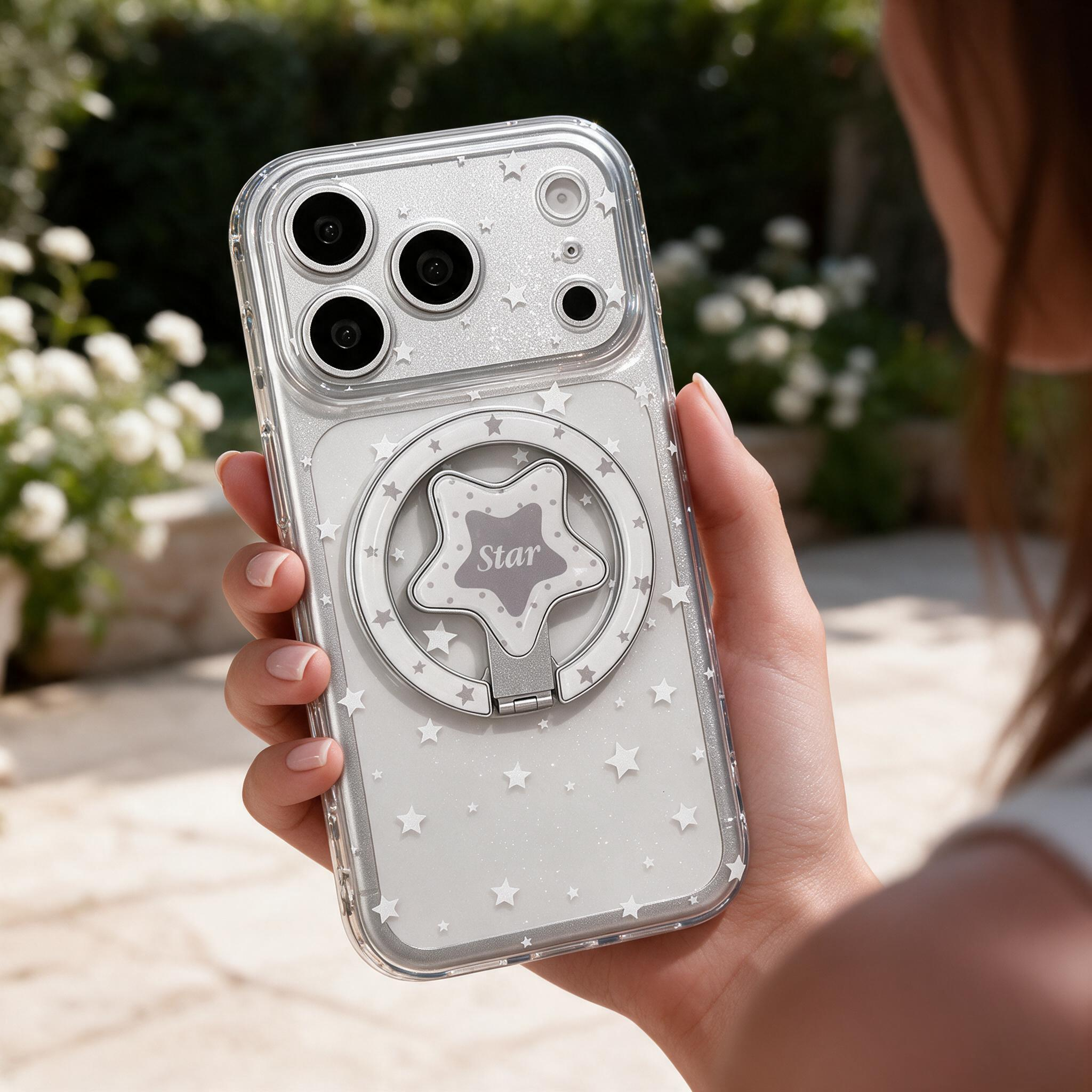 IPHON sparkly Clear Star Phone Case with Magnetic Star Kickstand