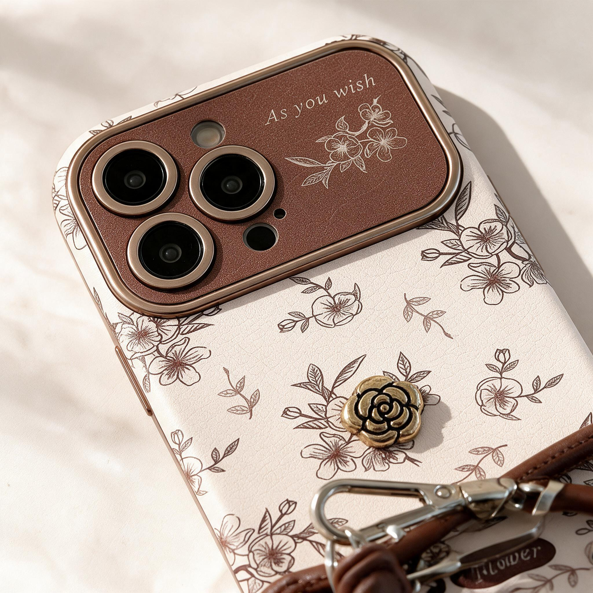 IPHONE French-style floral and camellia phone case with a wrist strap