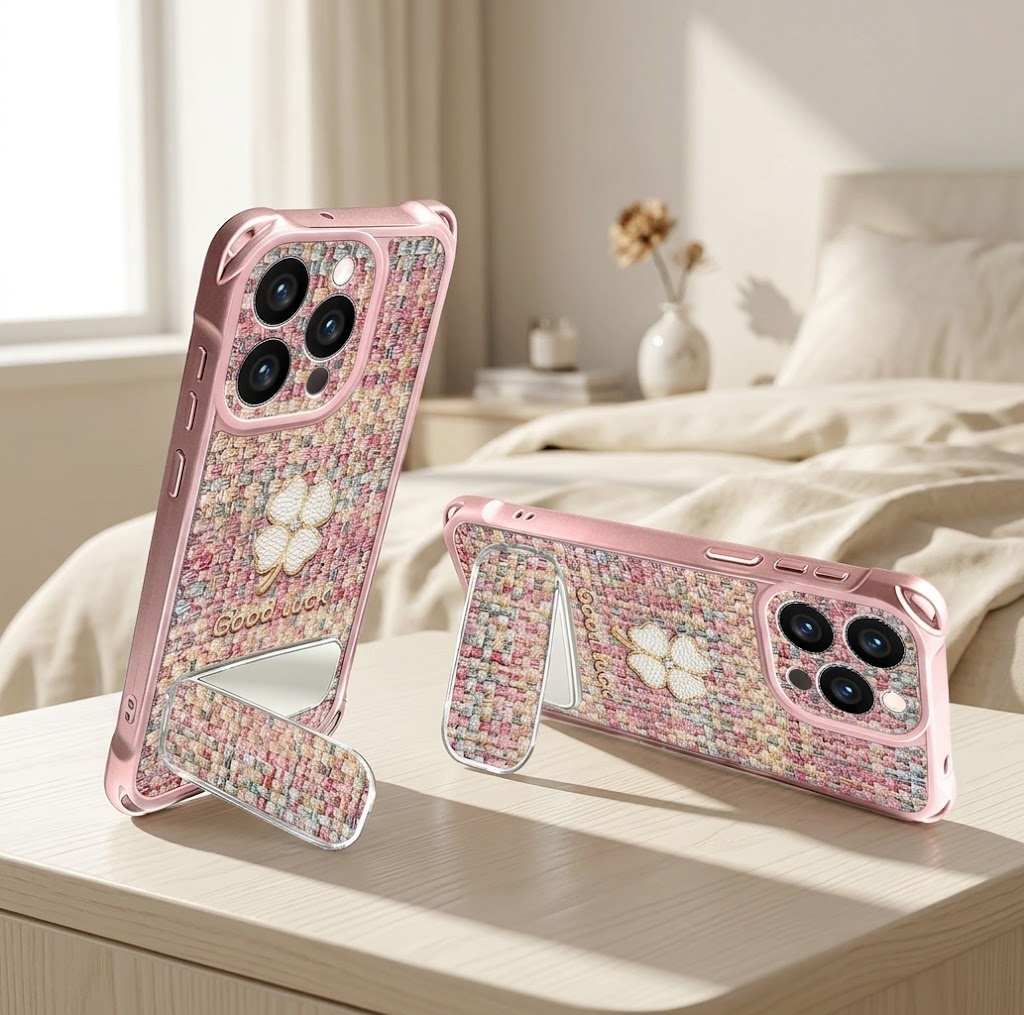 IPHONE pink Tweed Clover Phone Case With Mirror Kickstand