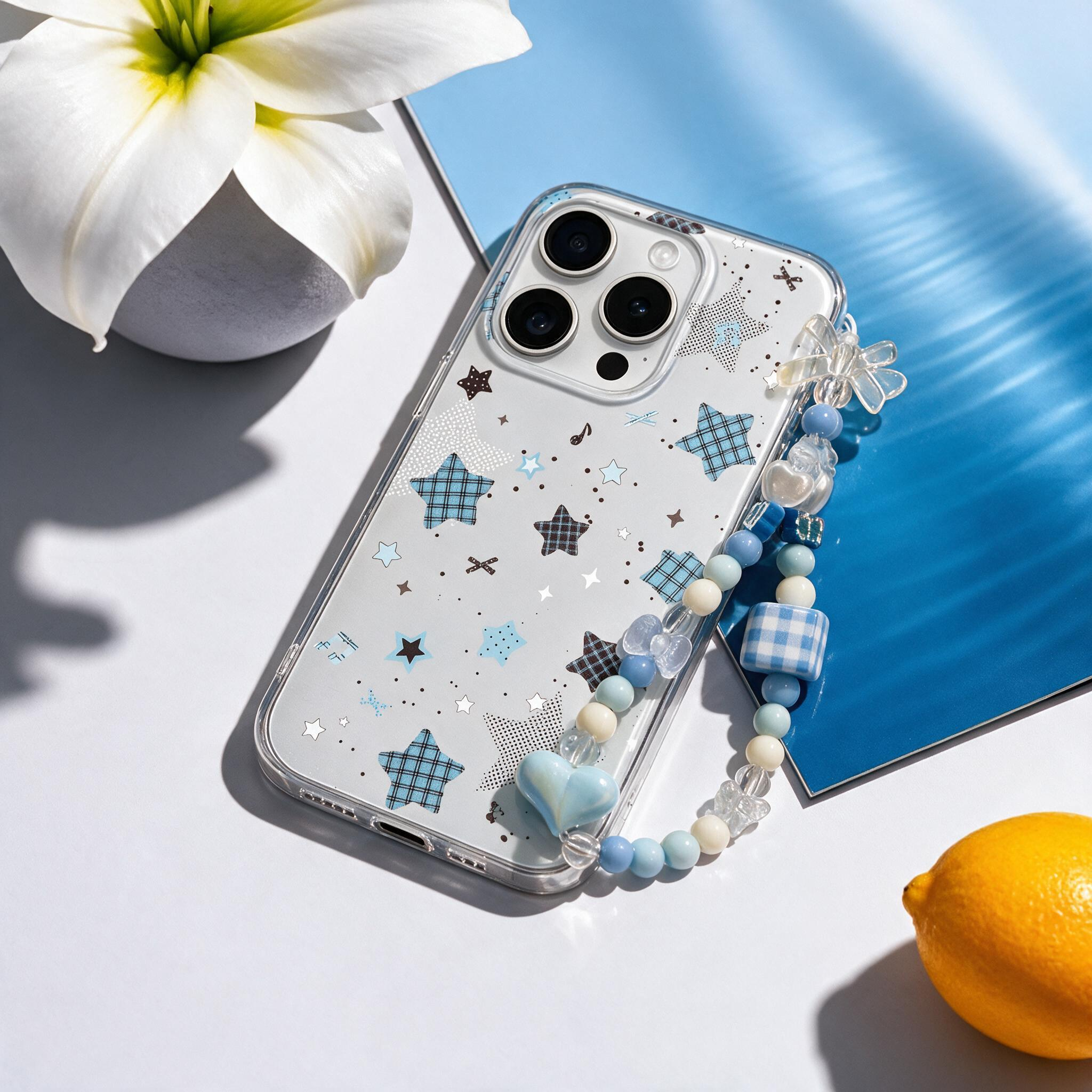 iPhone Aesthetic Star Pattern Clear  Case | Handmade Blue Heart Beaded Phone Lanyard for Girls