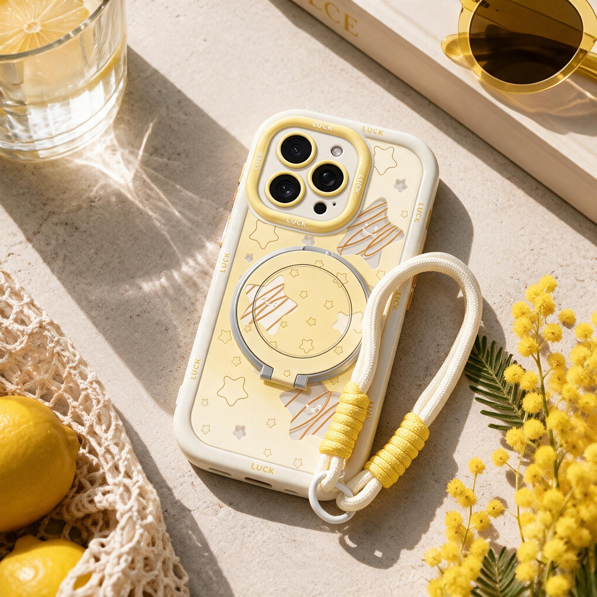 IPHONE Cream Yellow Star  Case | Magnetic Rotatable Stand + Woven Wrist Strap