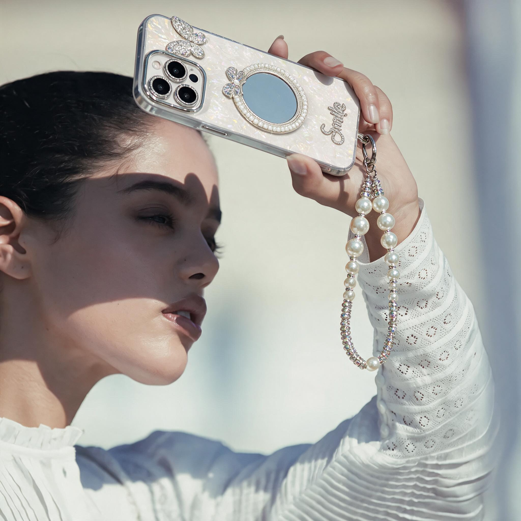 IPHONE Rhinestone Butterfly Mirror Phone Case | With Pearl Wrist Strap